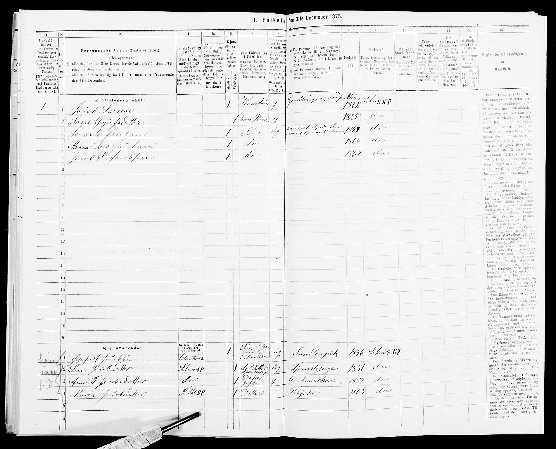 SAK, 1875 census for 1037P Kvinesdal, 1875, p. 1219