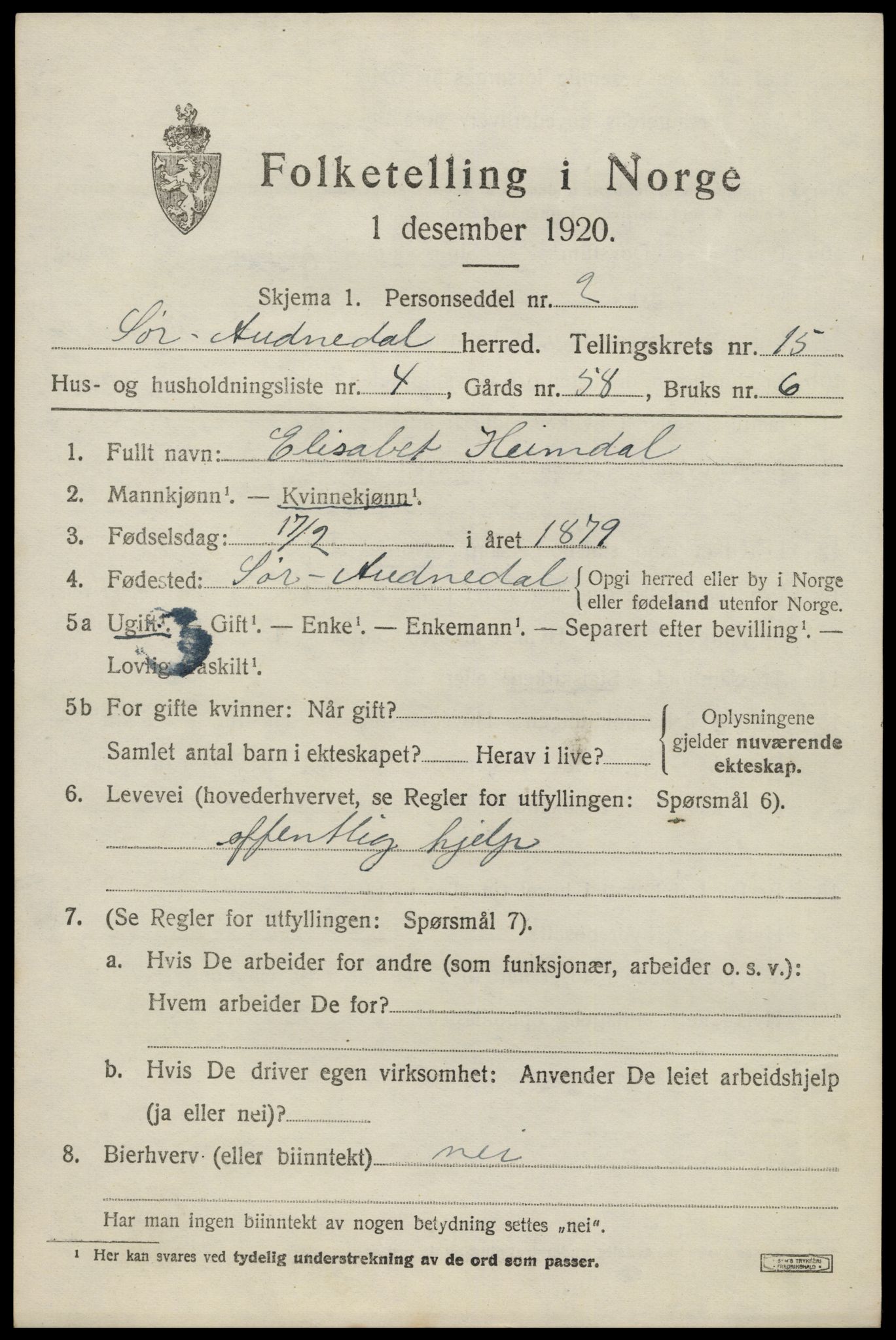 SAK, 1920 census for Sør-Audnedal, 1920, p. 5749