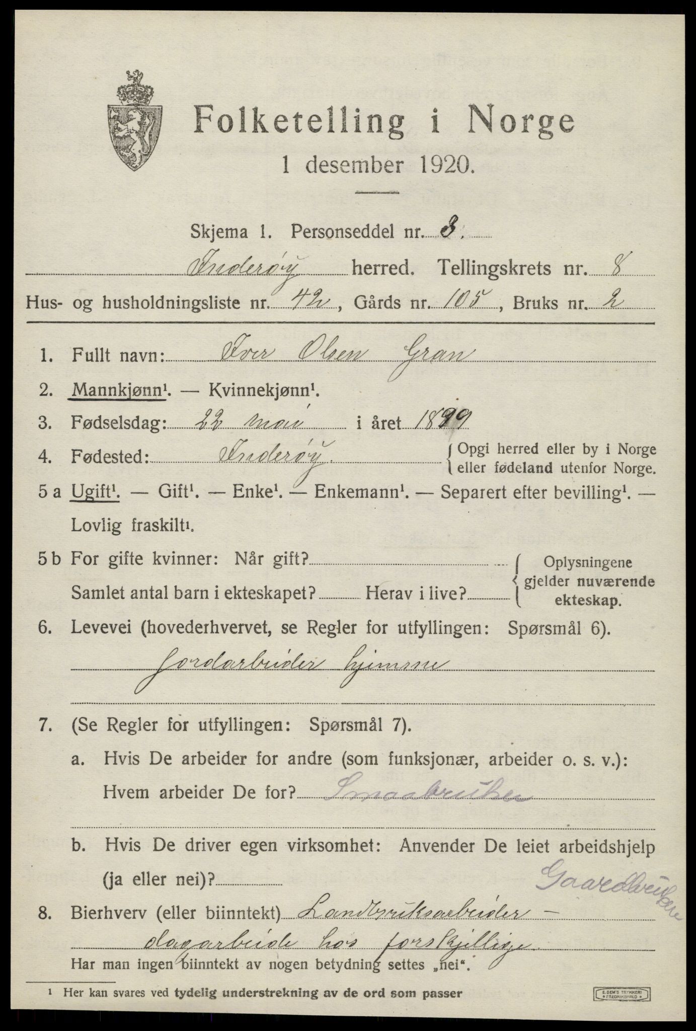 SAT, 1920 census for Inderøy, 1920, p. 6007