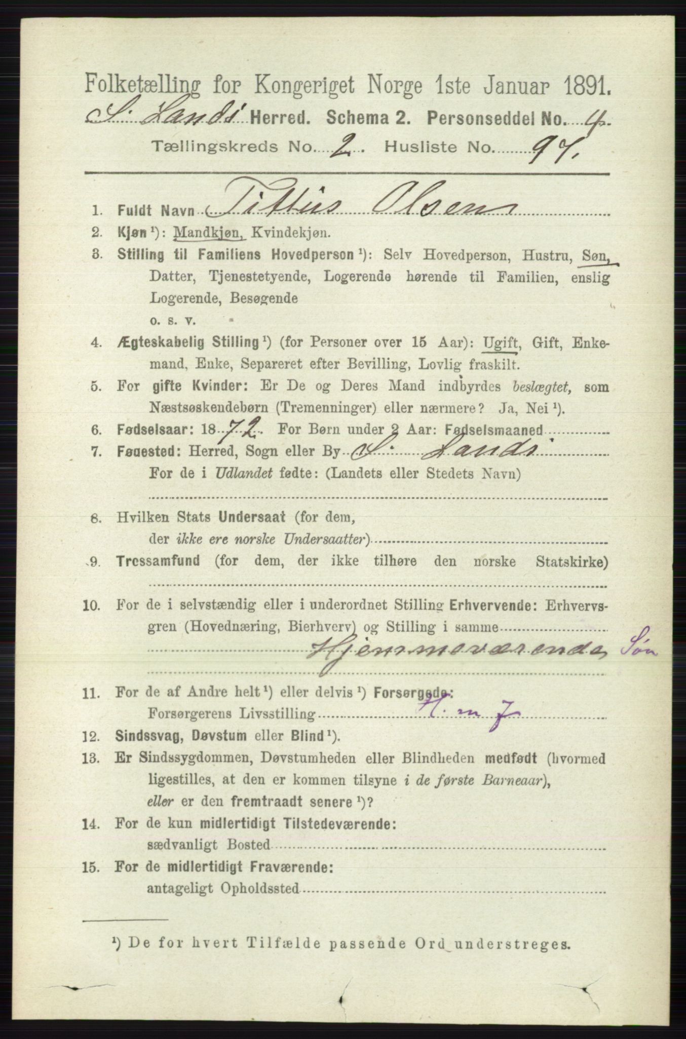 RA, 1891 census for 0536 Søndre Land, 1891, p. 1615