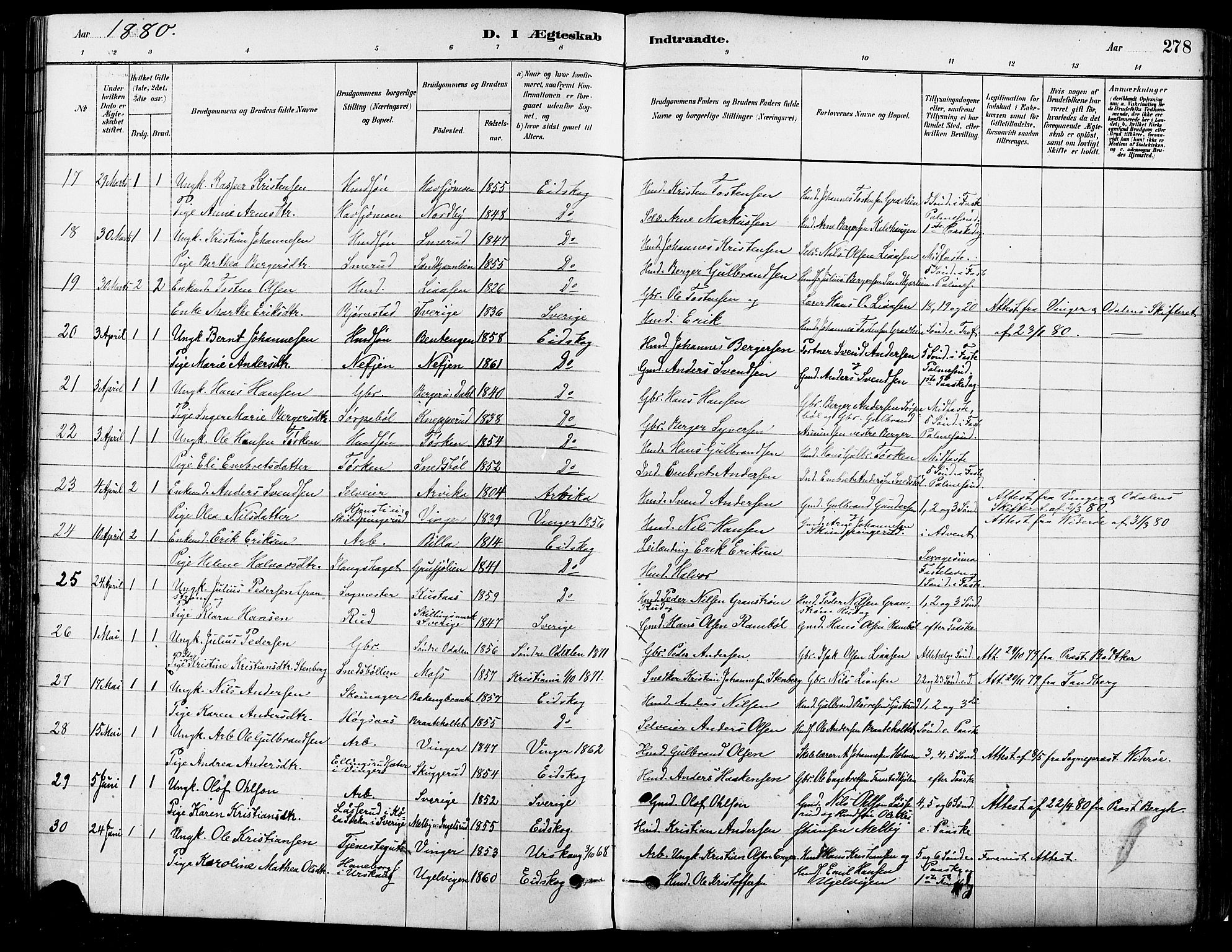 Eidskog prestekontor, AV/SAH-PREST-026/H/Ha/Haa/L0003: Parish register (official) no. 3, 1879-1892, p. 278