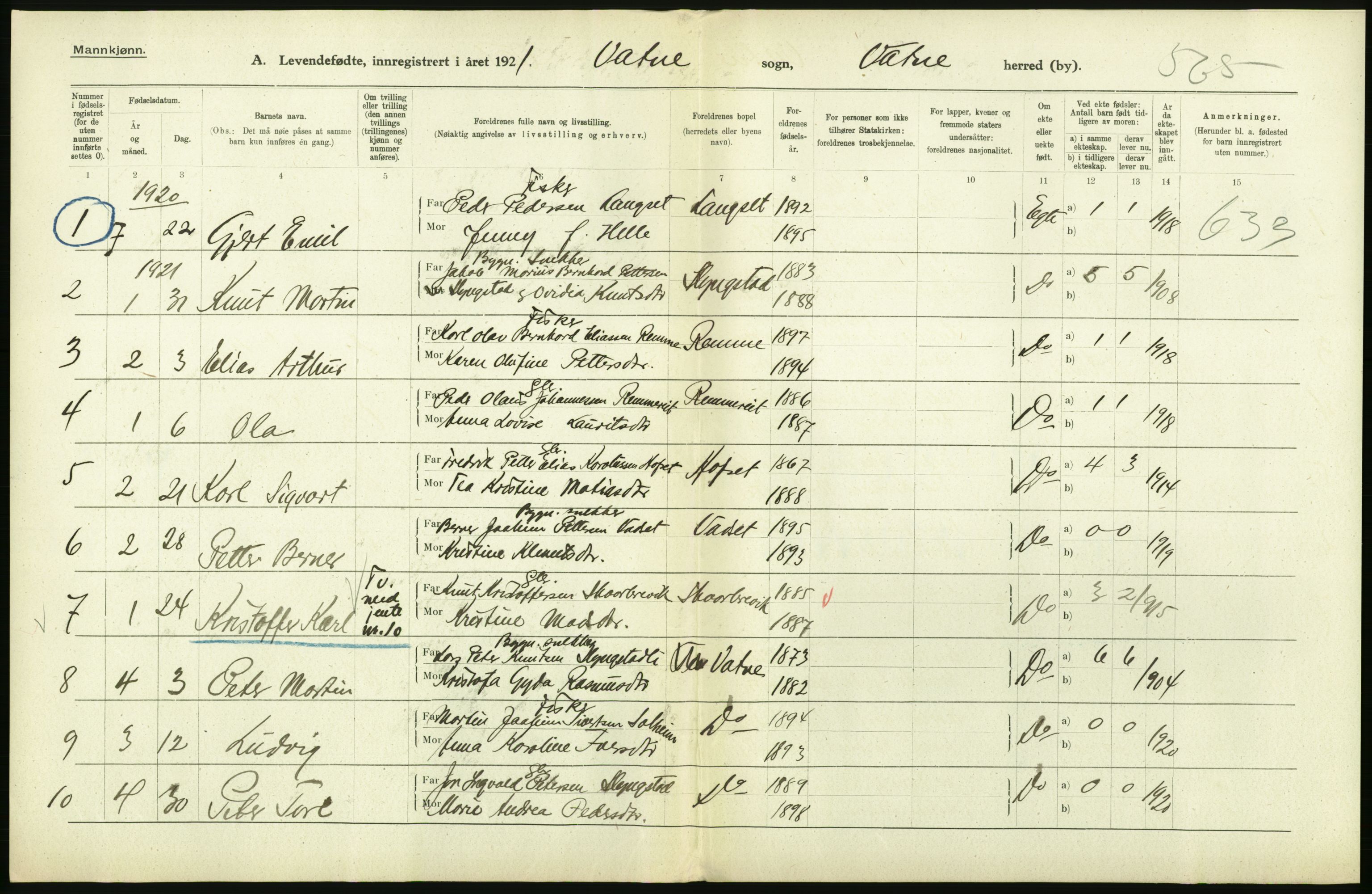 Statistisk sentralbyrå, Sosiodemografiske emner, Befolkning, RA/S-2228/D/Df/Dfc/Dfca/L0040: Møre fylke: Levendefødte menn og kvinner. Bygder., 1921, p. 118