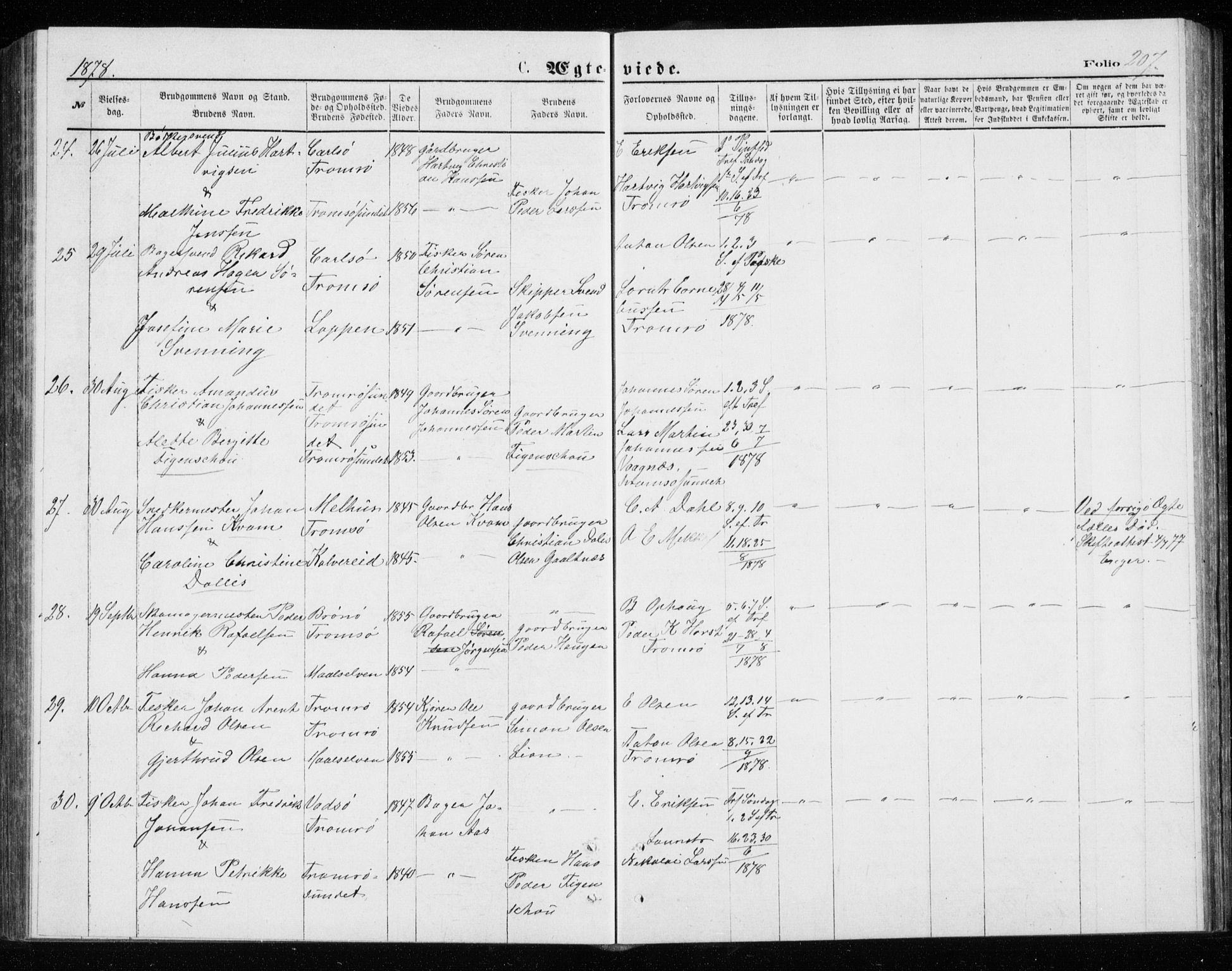 Tromsø sokneprestkontor/stiftsprosti/domprosti, SATØ/S-1343/G/Gb/L0008klokker: Parish register (copy) no. 8, 1875-1879, p. 207