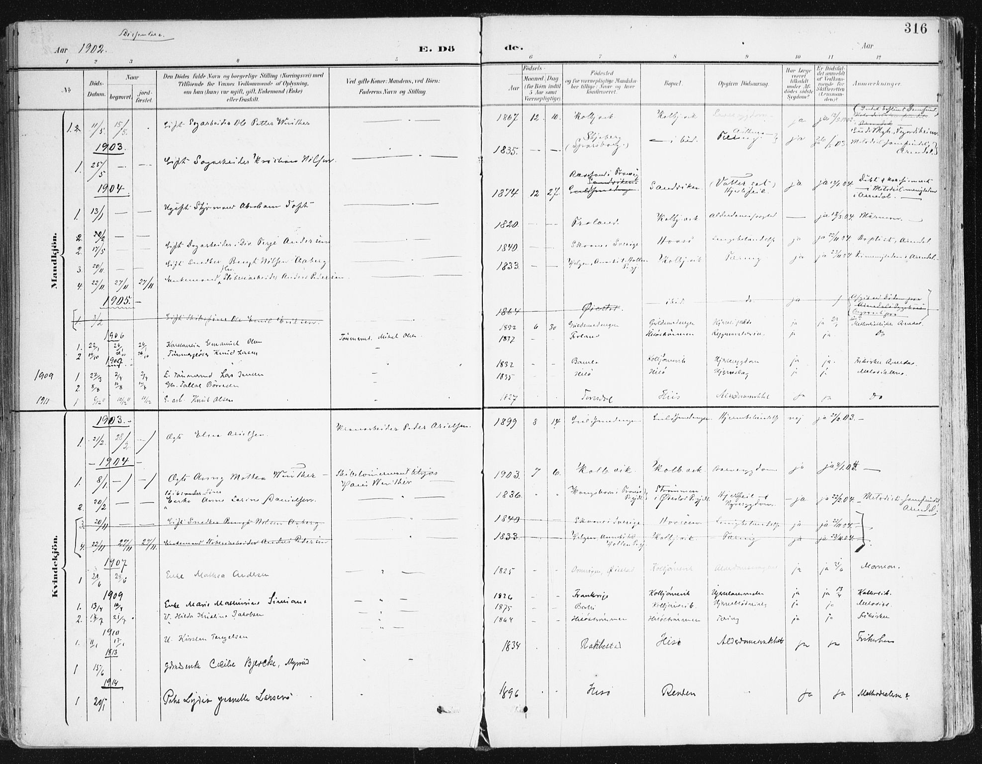Hisøy sokneprestkontor, SAK/1111-0020/F/Fa/L0004: Parish register (official) no. A 4, 1895-1917, p. 316