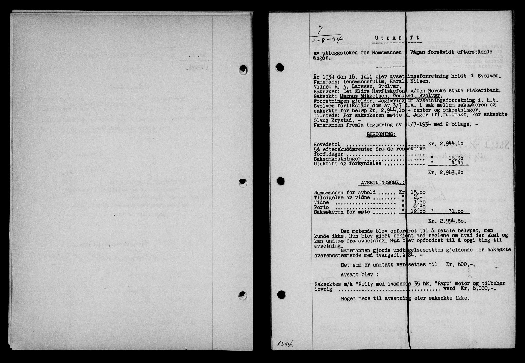 Lofoten sorenskriveri, AV/SAT-A-0017/1/2/2C/L0030b: Mortgage book no. 30b, 1934-1934, Deed date: 01.08.1934