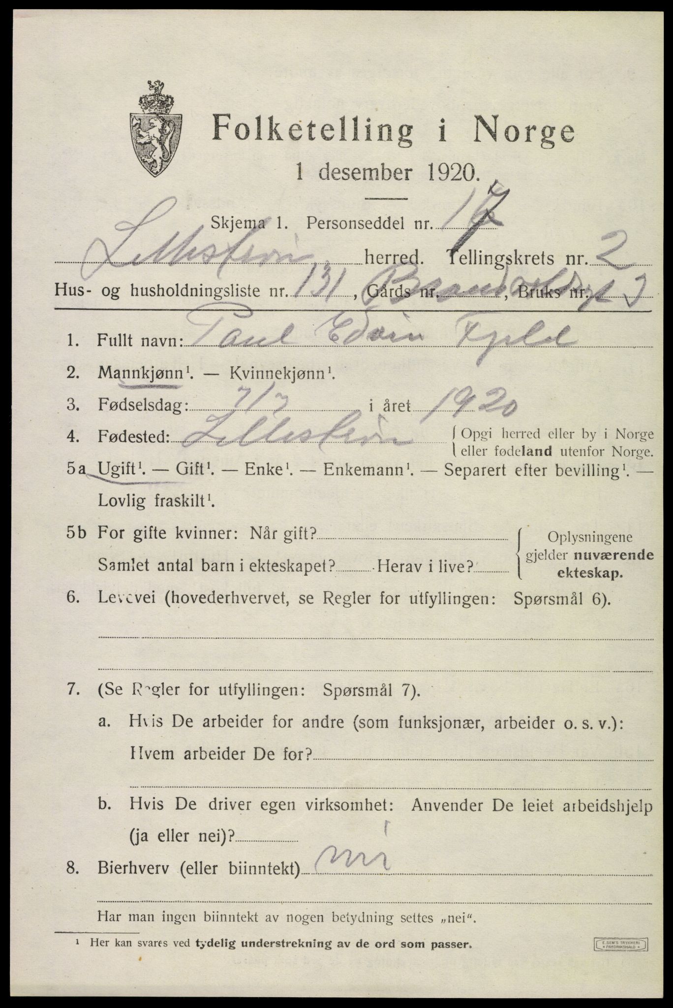 SAO, 1920 census for Lillestrøm, 1920, p. 7086