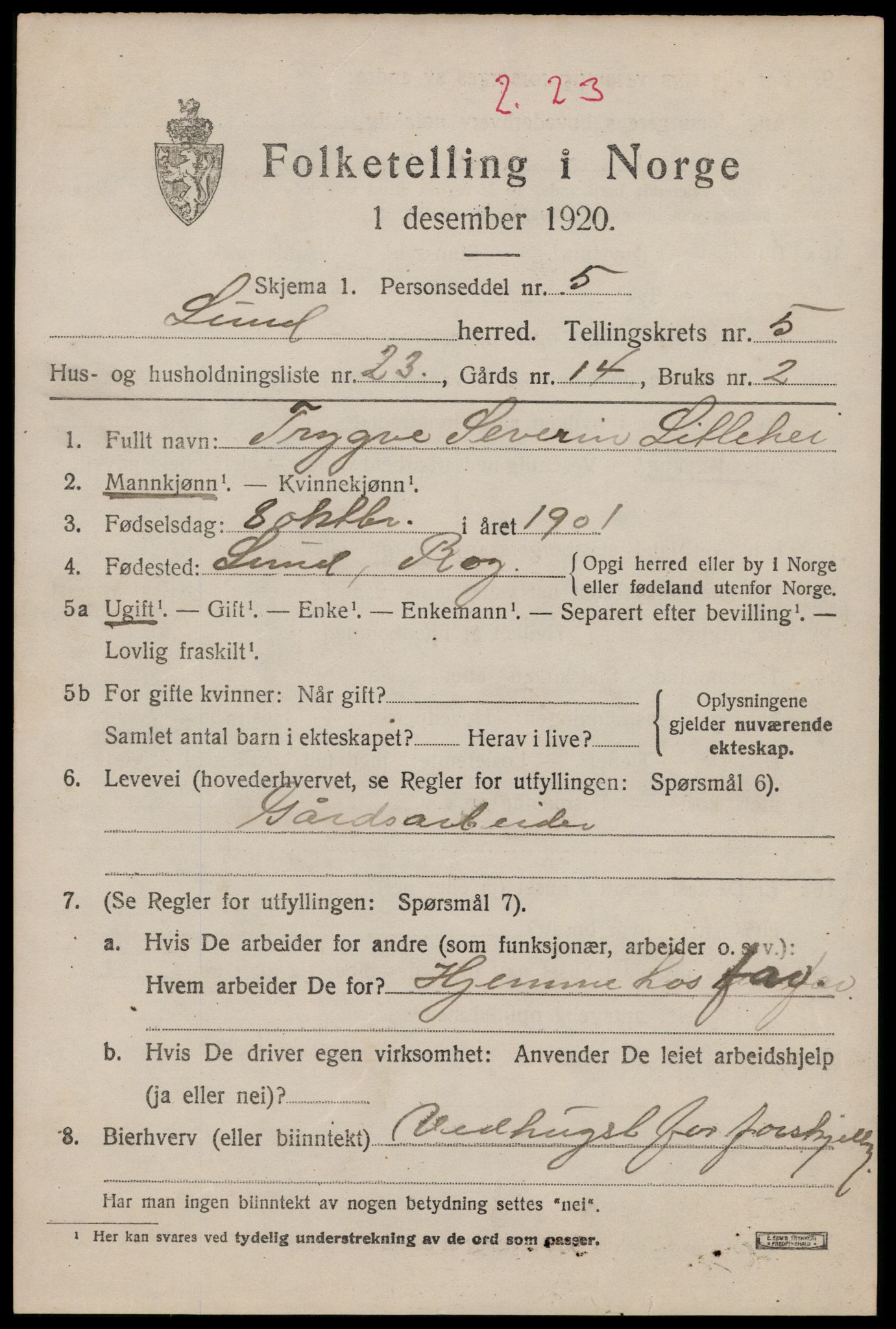 SAST, 1920 census for Lund, 1920, p. 1298