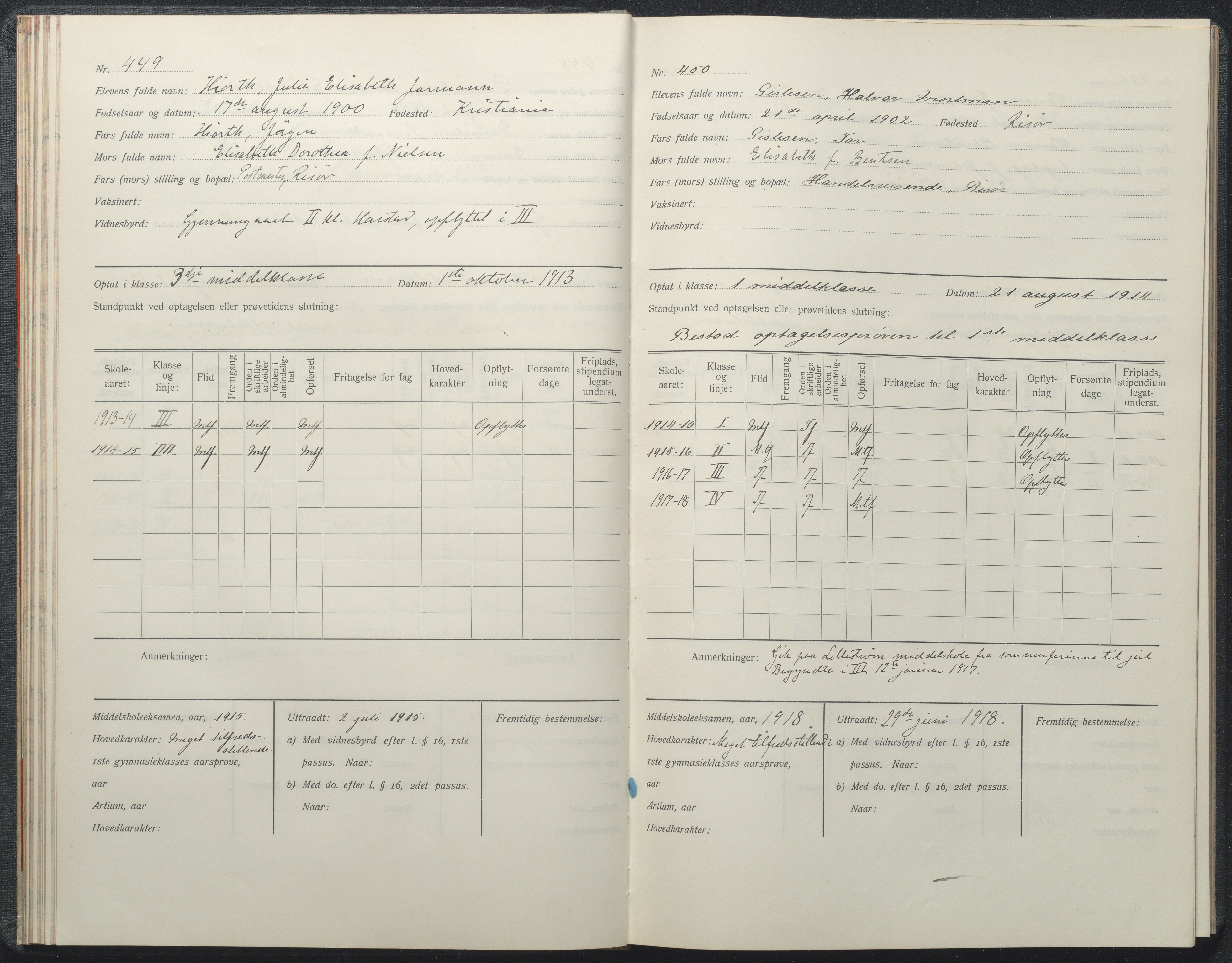 Risør kommune, AAKS/KA0901-PK/1/05/05i/L0002: Manntallsprotokoll, 1911-1925, p. 449-450