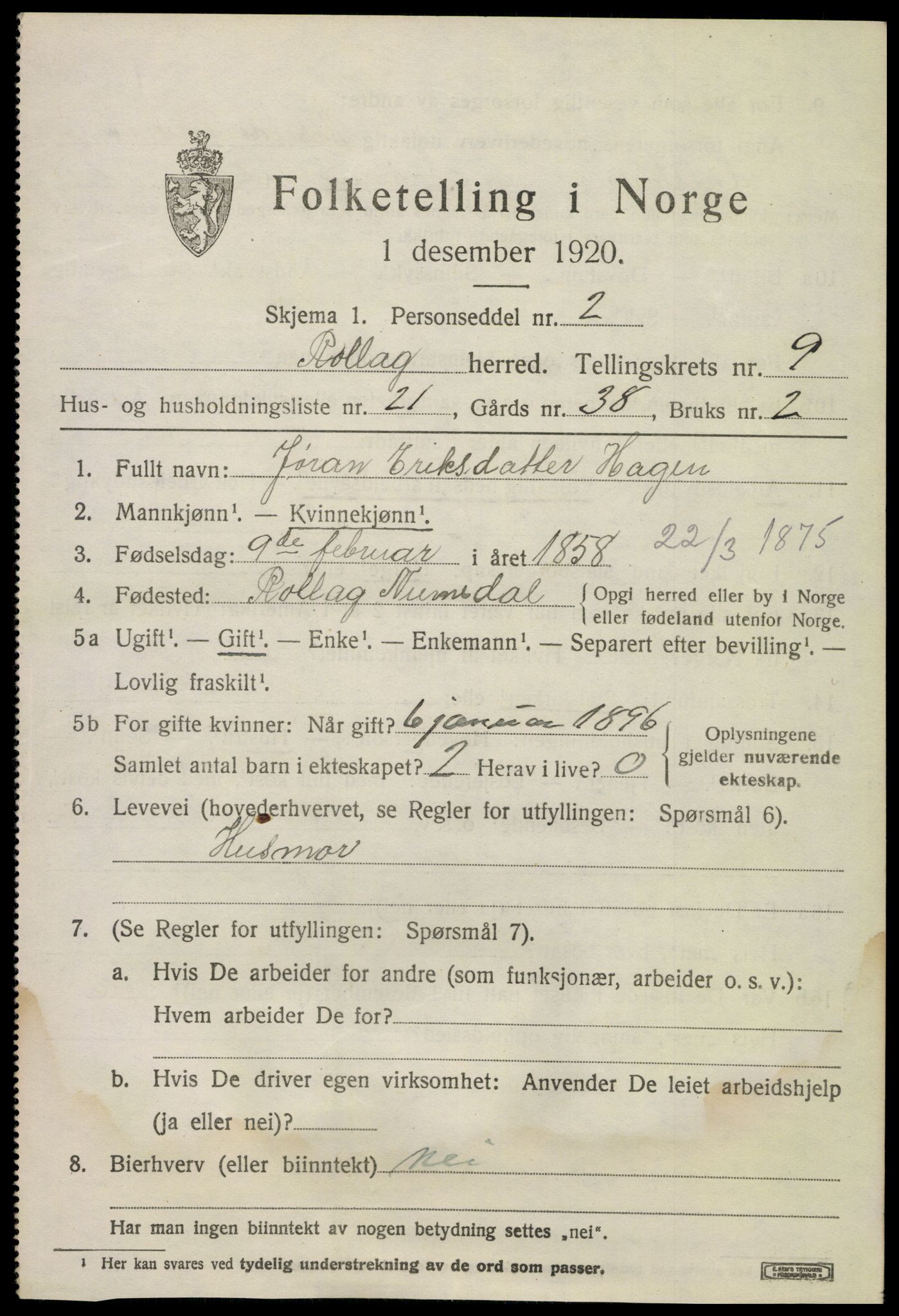 SAKO, 1920 census for Rollag, 1920, p. 3384