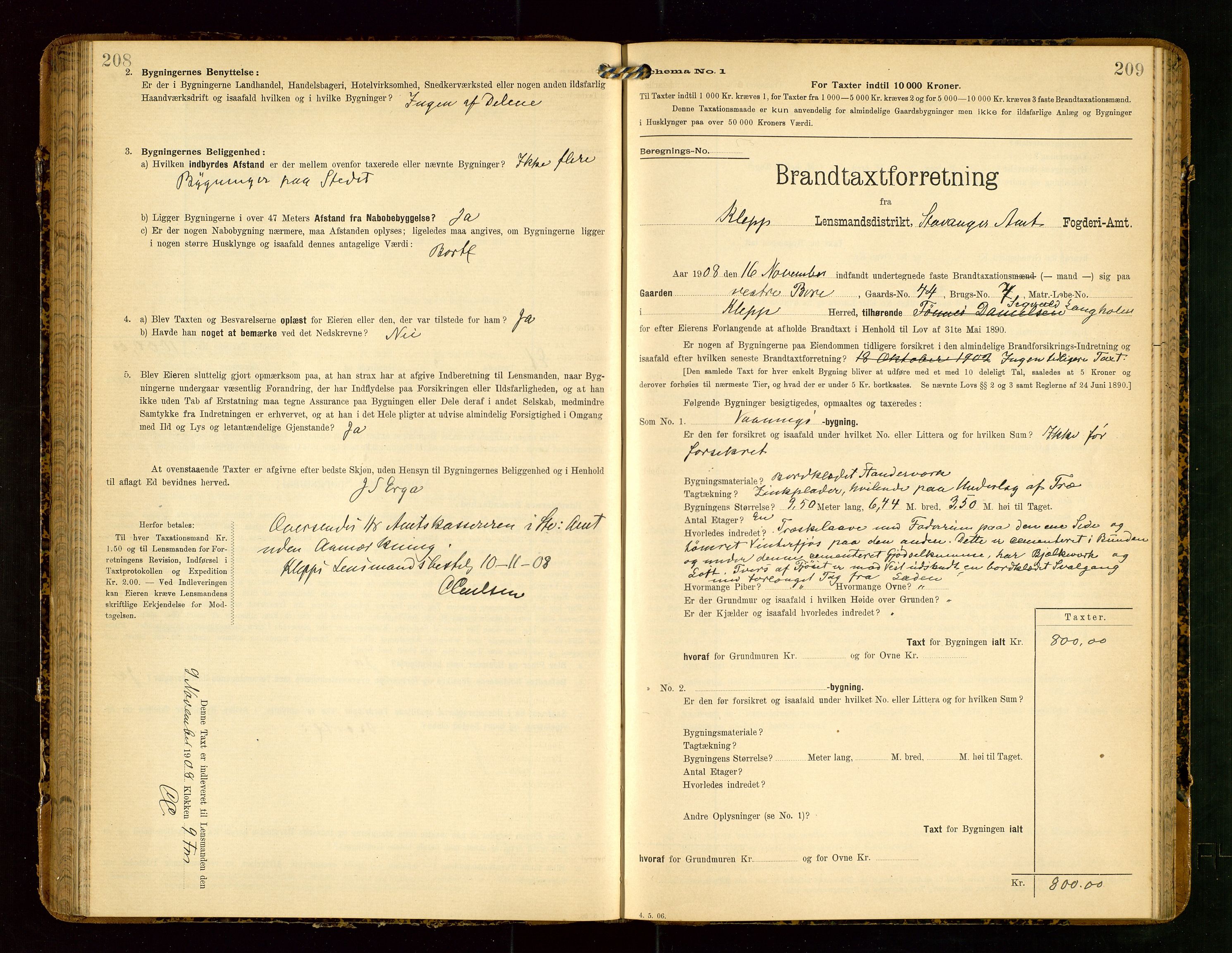 Klepp lensmannskontor, AV/SAST-A-100163/Goc/L0004: "Brandtaxationsprotokol" m/register, 1906-1908, p. 208-209