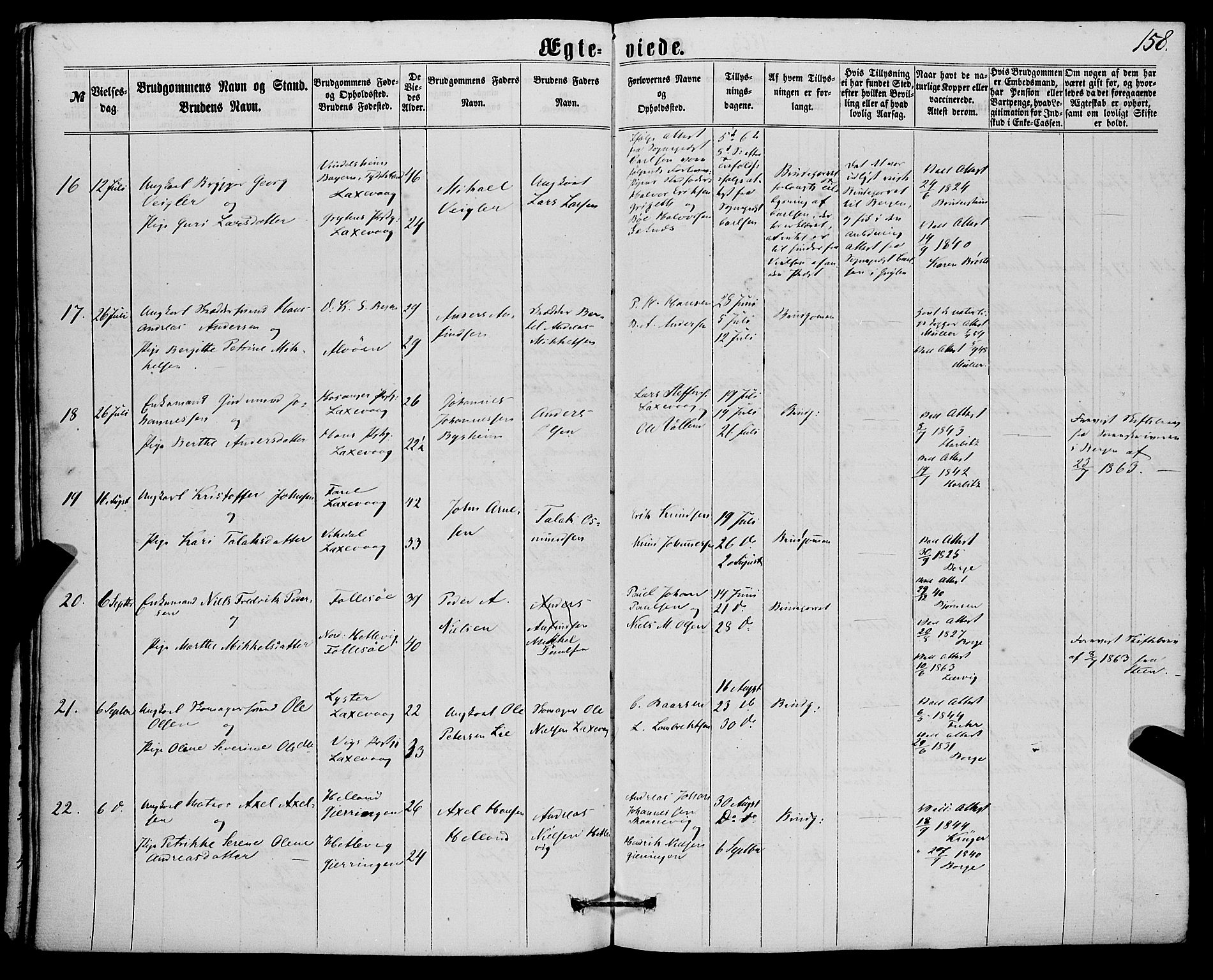 Askøy Sokneprestembete, AV/SAB-A-74101/H/Ha/Haa/Haaa/L0009: Parish register (official) no. A 9, 1863-1877, p. 158