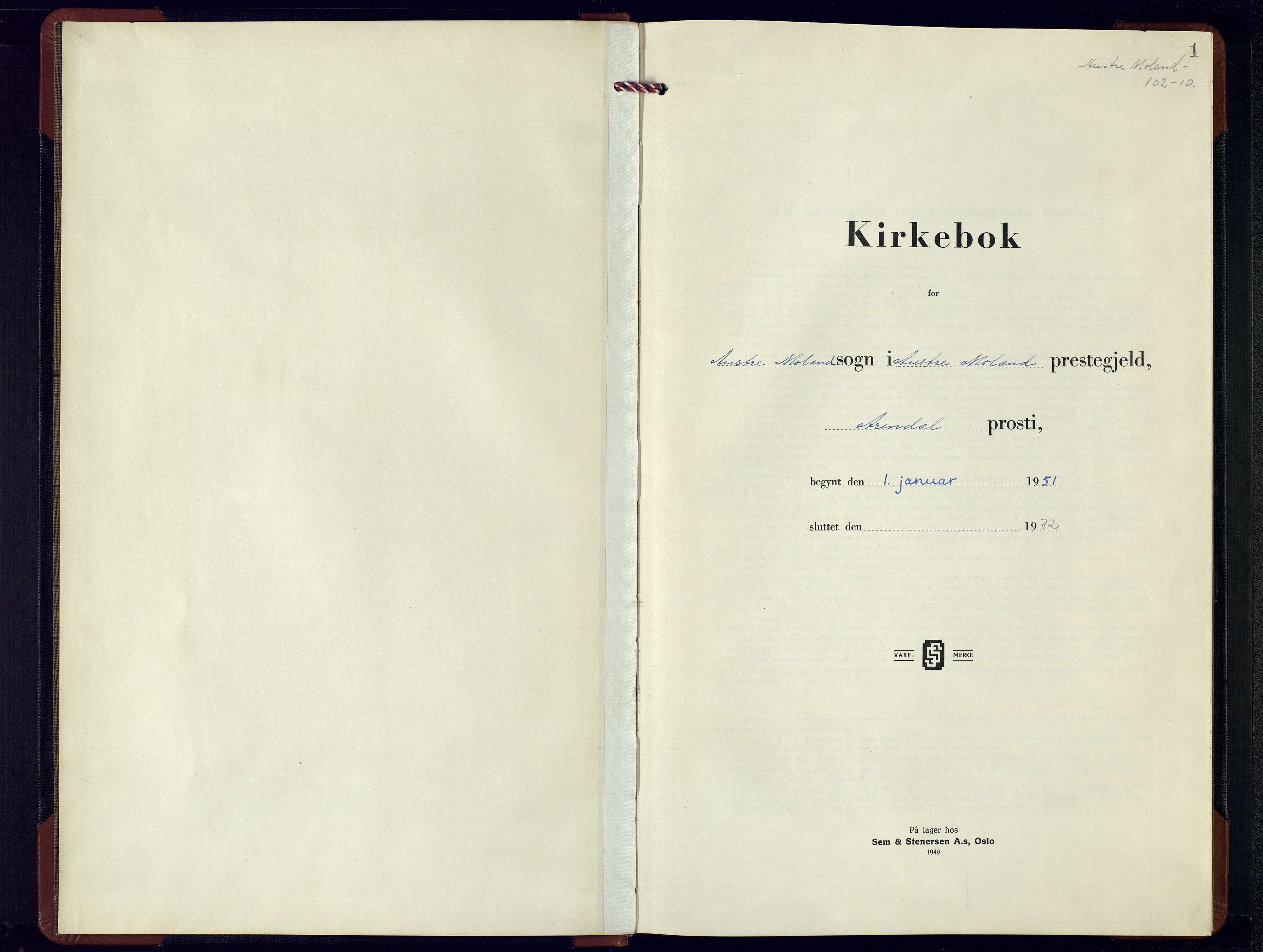 Austre Moland sokneprestkontor, AV/SAK-1111-0001/F/Fb/Fba/L0006: Parish register (copy) no. B-5, 1951-1972, p. 1