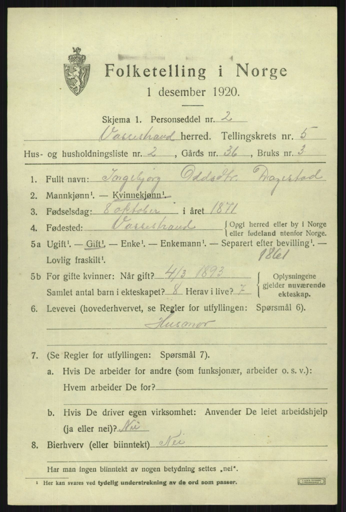 SAB, 1920 census for Vossestrand, 1920, p. 2378