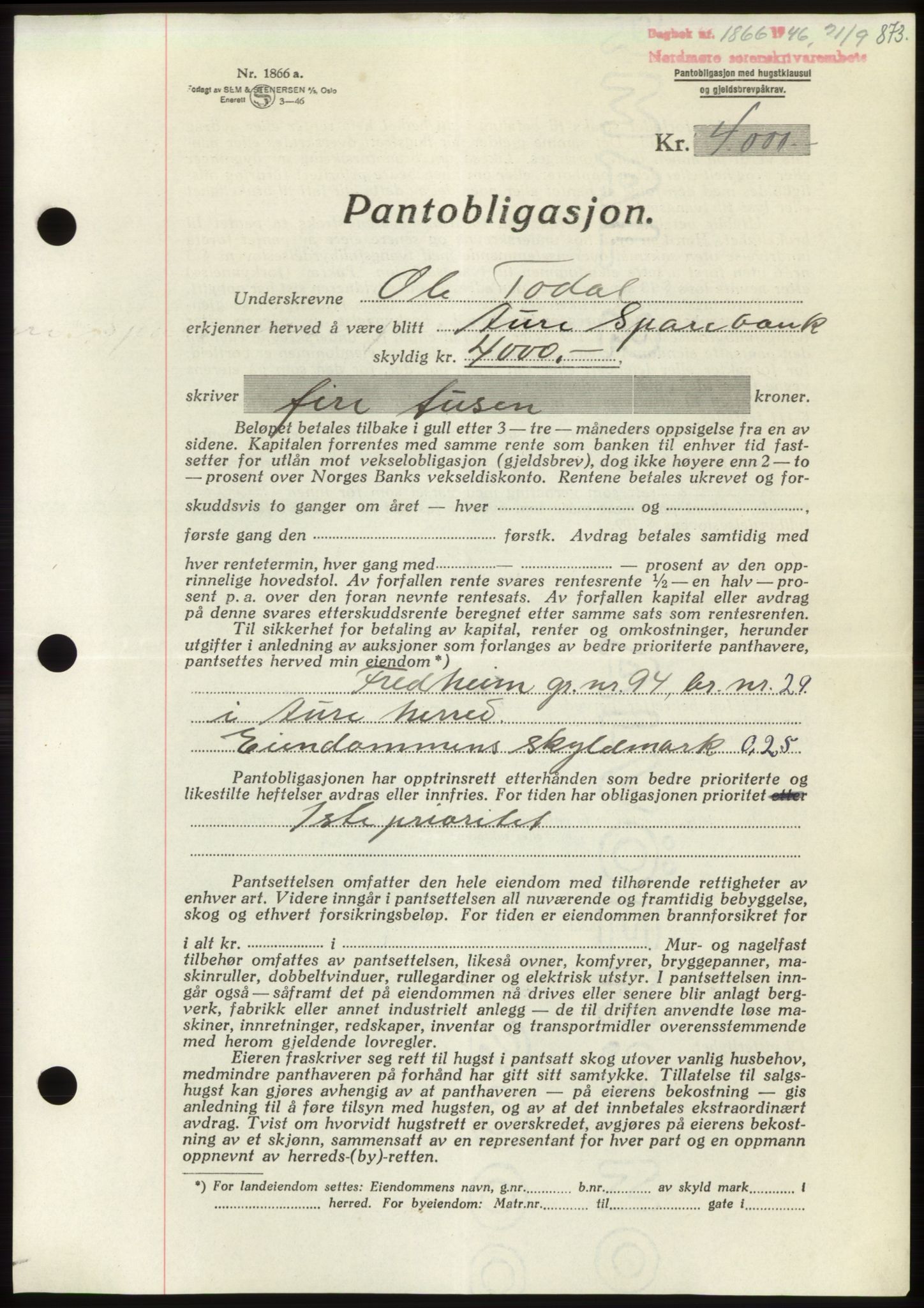 Nordmøre sorenskriveri, AV/SAT-A-4132/1/2/2Ca: Mortgage book no. B94, 1946-1946, Diary no: : 1866/1946