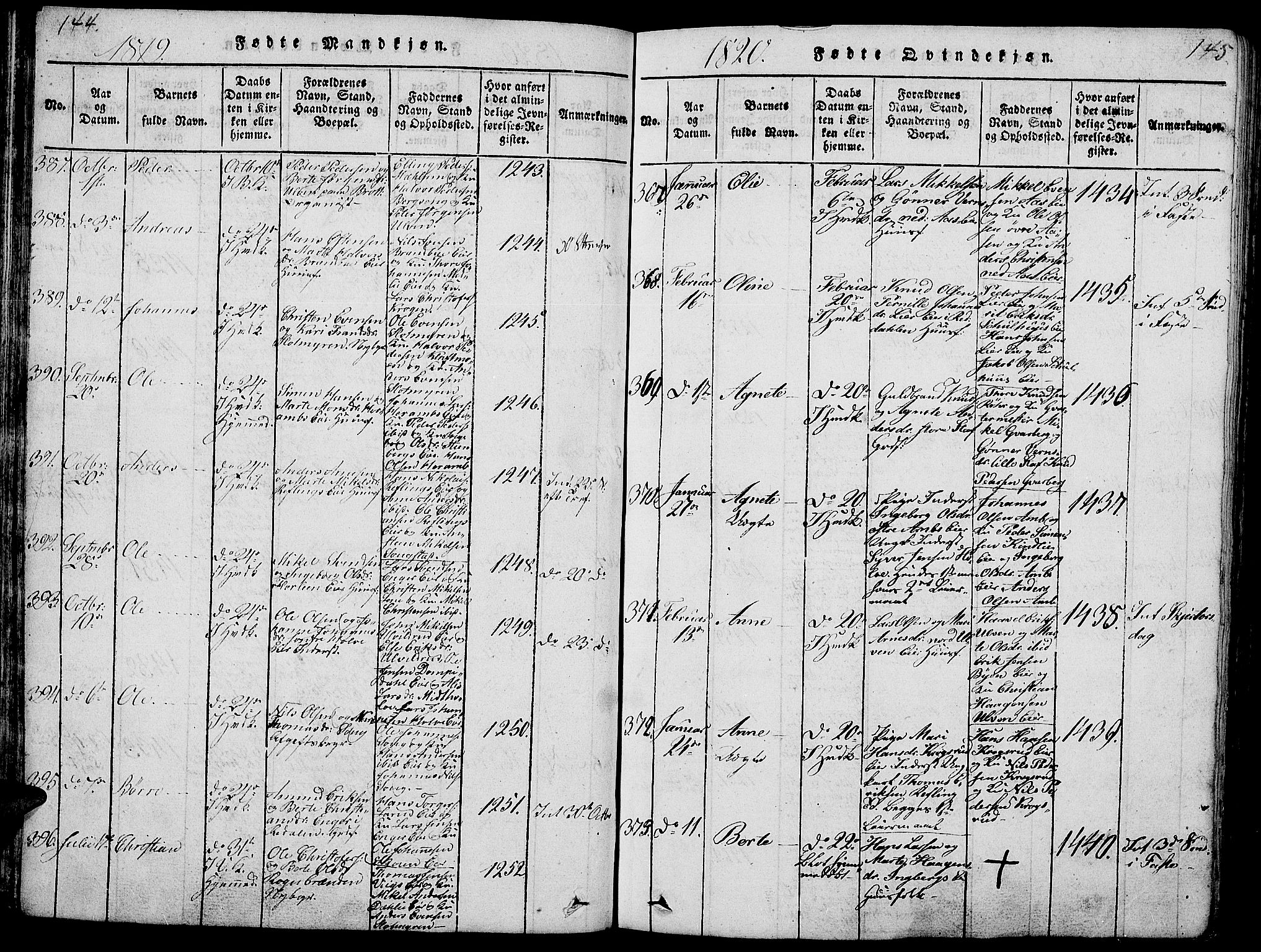 Ringsaker prestekontor, AV/SAH-PREST-014/L/La/L0001: Parish register (copy) no. 1, 1814-1826, p. 144-145