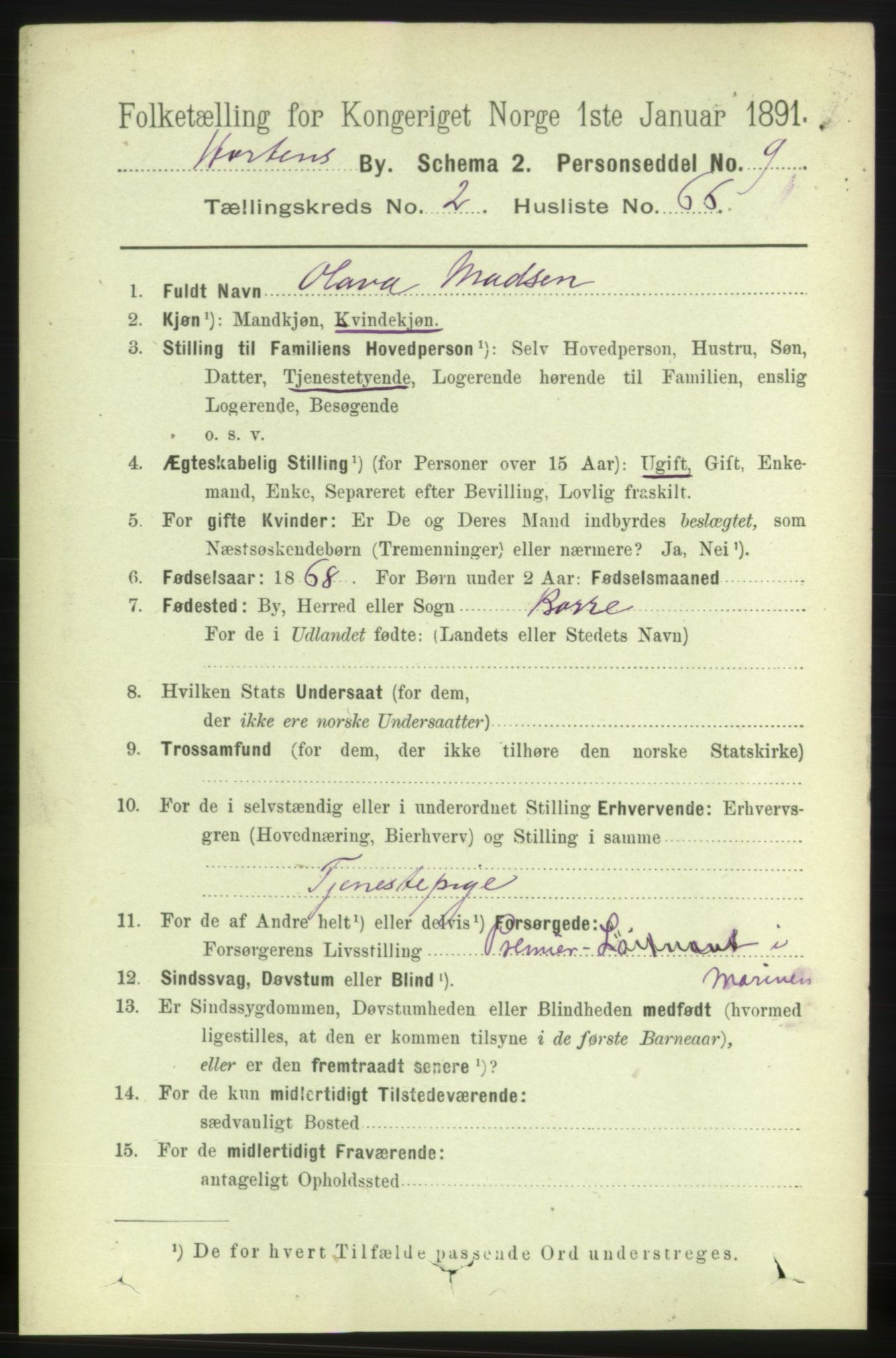 RA, 1891 census for 0703 Horten, 1891, p. 2683