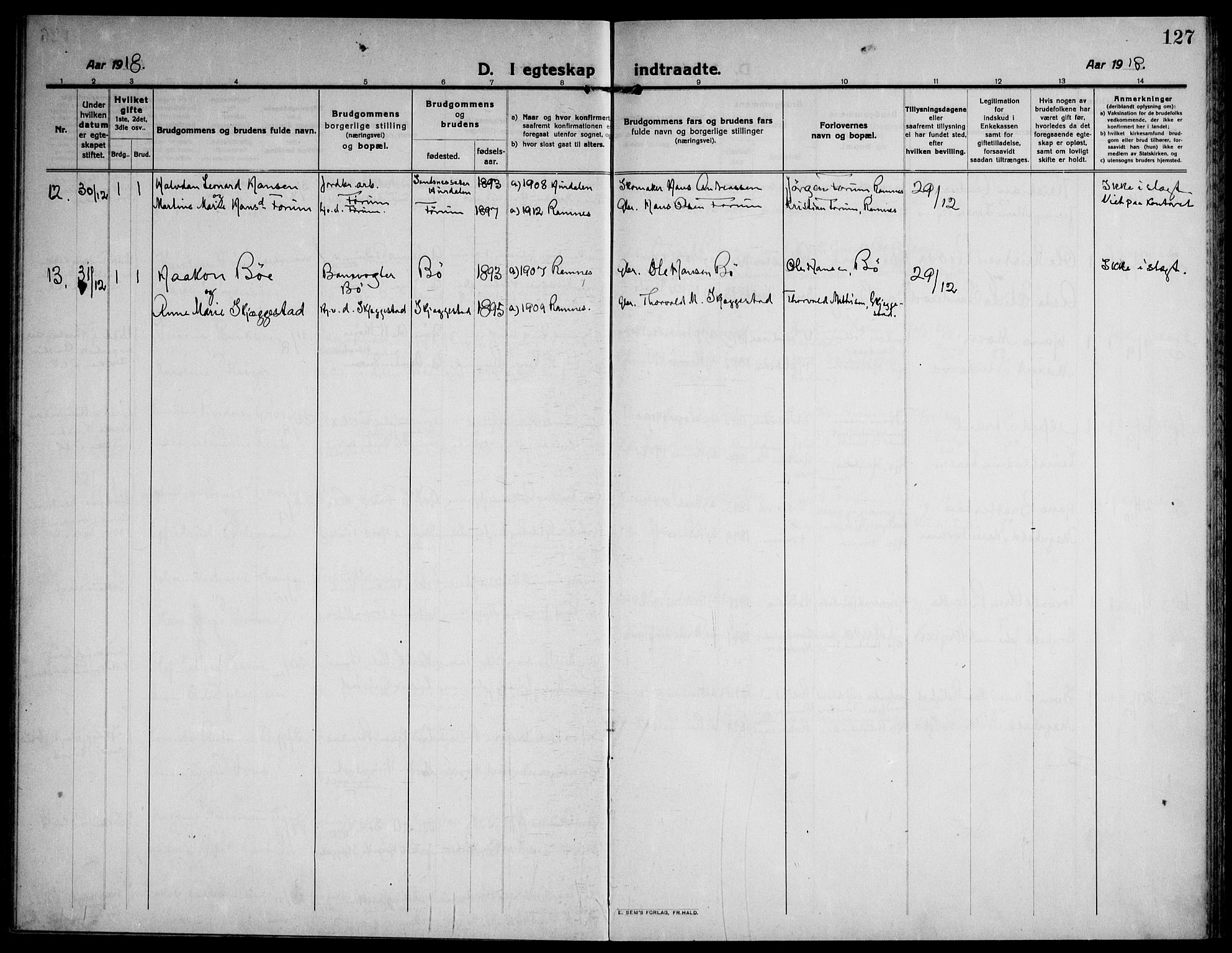 Ramnes kirkebøker, AV/SAKO-A-314/F/Fa/L0009: Parish register (official) no. I 9, 1912-1929, p. 127