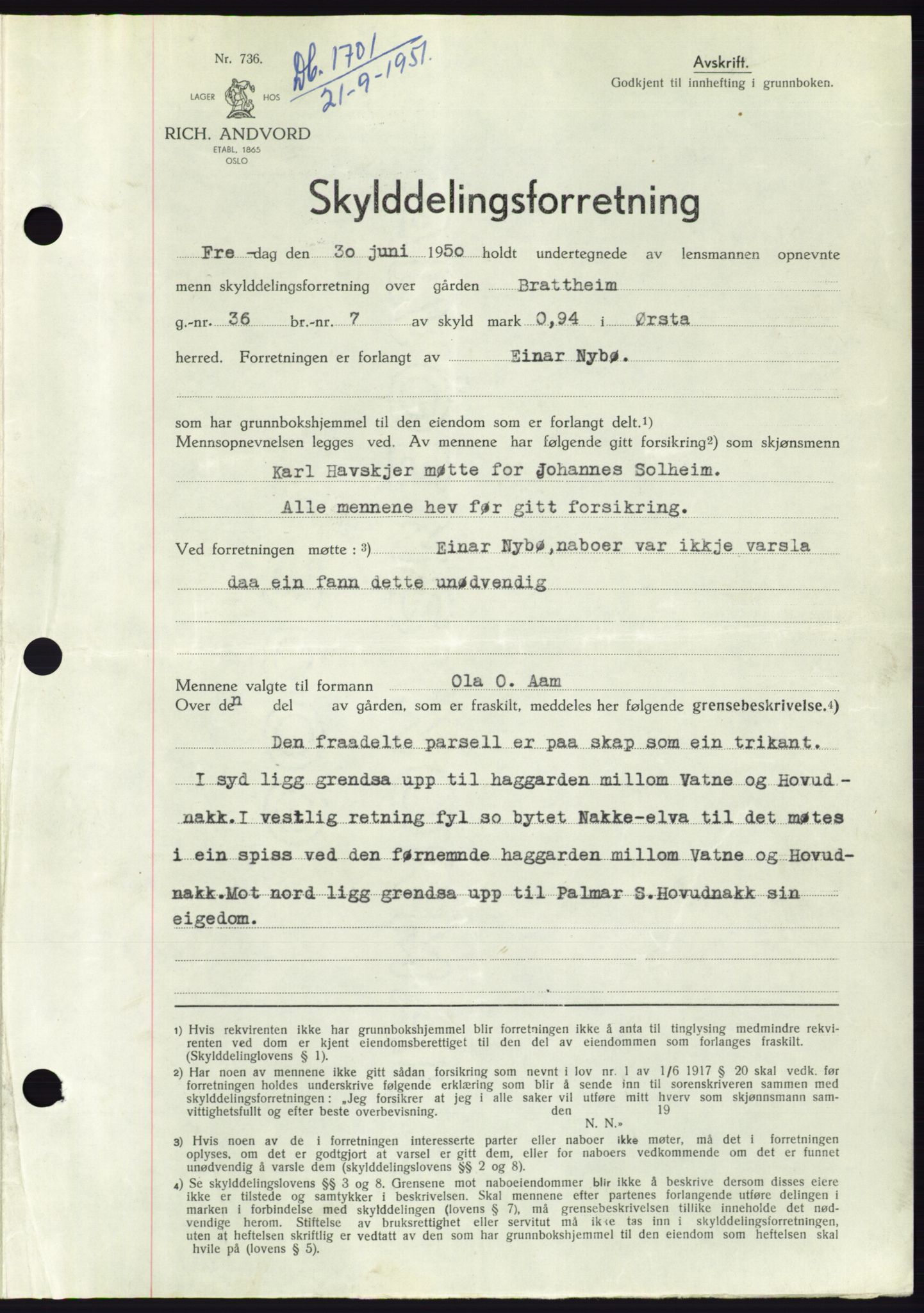 Søre Sunnmøre sorenskriveri, AV/SAT-A-4122/1/2/2C/L0089: Mortgage book no. 15A, 1951-1951, Diary no: : 1701/1951