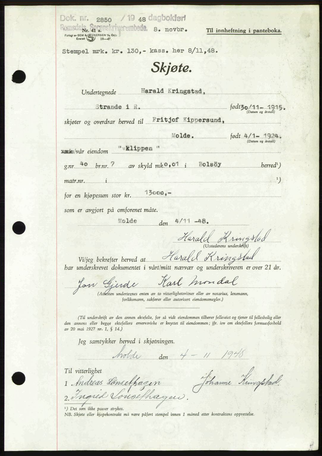 Romsdal sorenskriveri, AV/SAT-A-4149/1/2/2C: Mortgage book no. A27, 1948-1948, Diary no: : 2850/1948