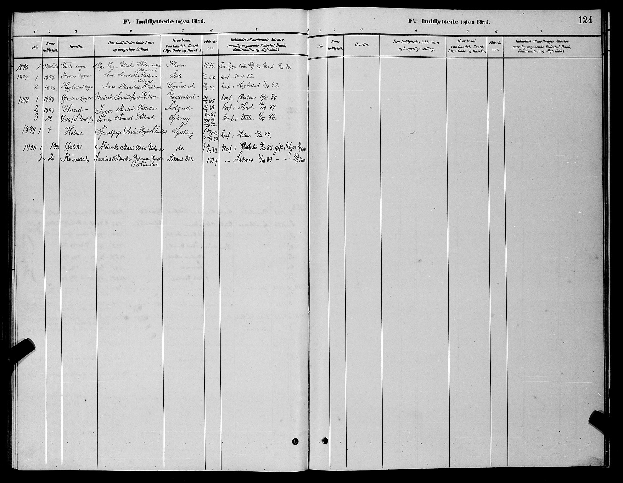 Nord-Audnedal sokneprestkontor, AV/SAK-1111-0032/F/Fb/Fbb/L0003: Parish register (copy) no. B 3, 1882-1900, p. 124