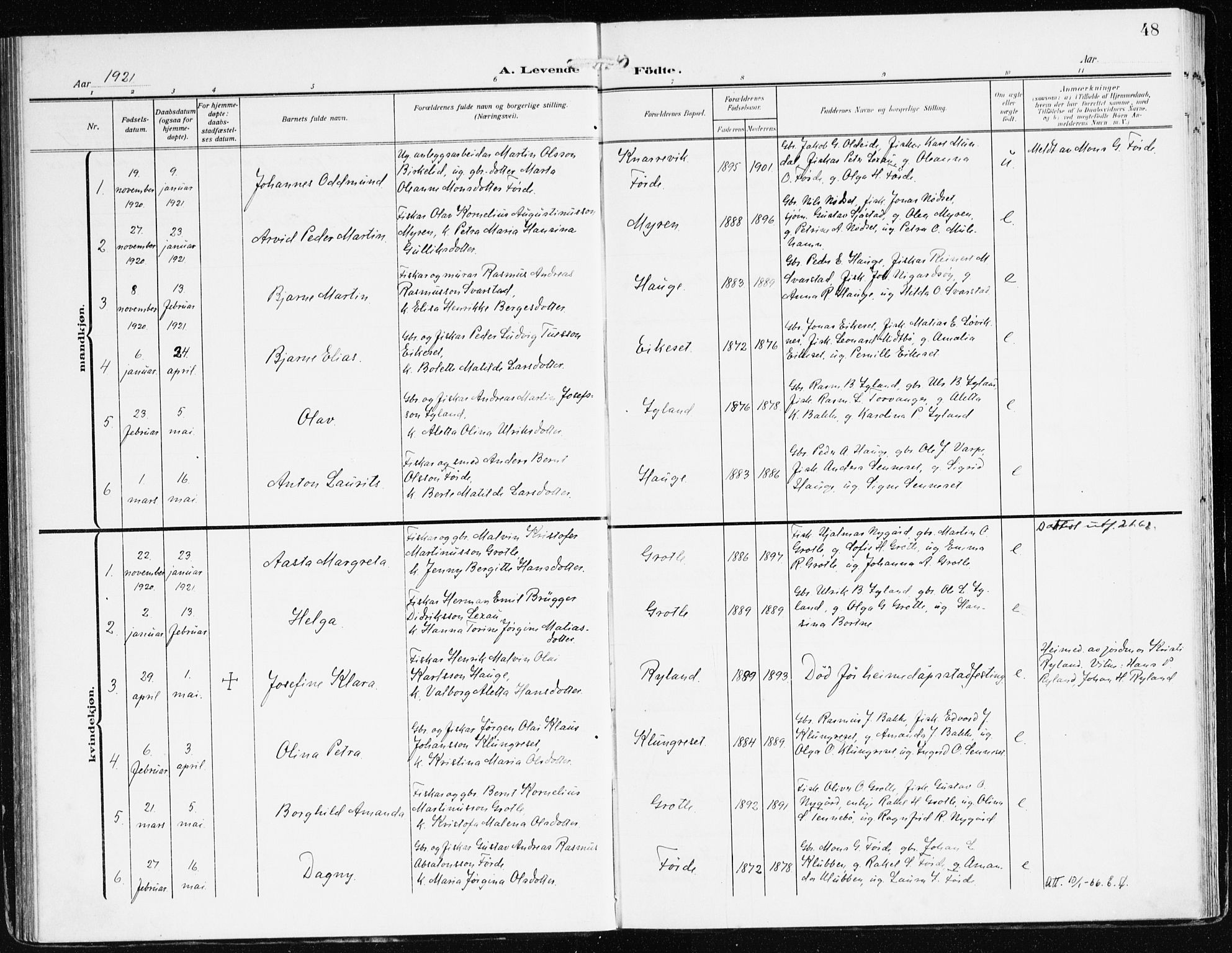 Bremanger sokneprestembete, SAB/A-82201/H/Haa/Haac/L0001: Parish register (official) no. C 1, 1908-1921, p. 48