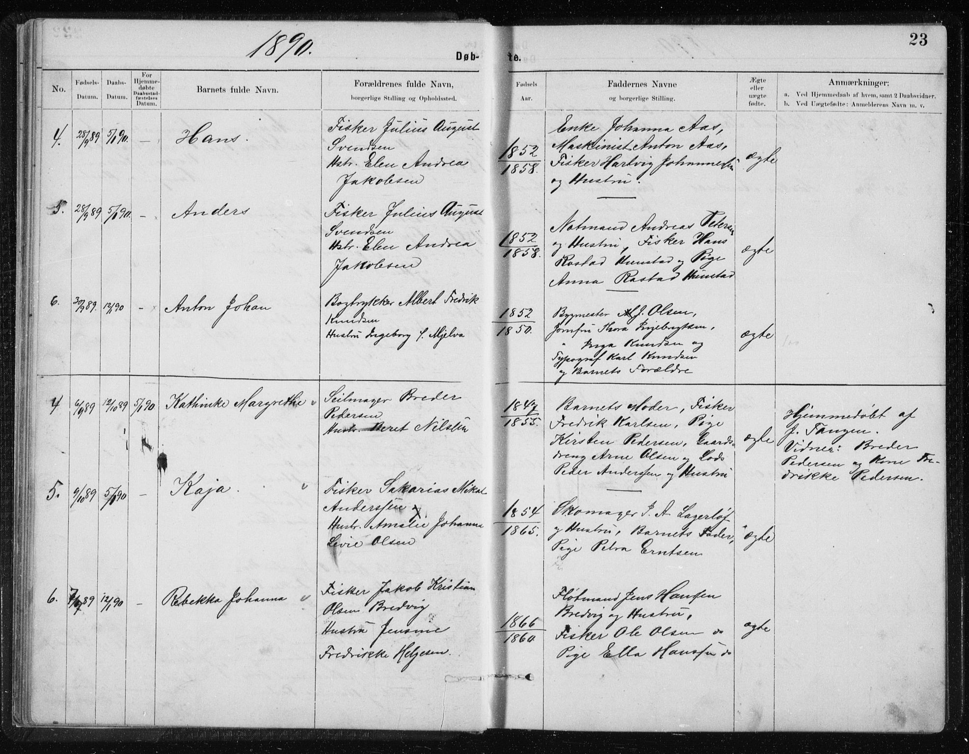 Ministerialprotokoller, klokkerbøker og fødselsregistre - Nordland, AV/SAT-A-1459/801/L0032: Parish register (copy) no. 801C07, 1889-1897, p. 23