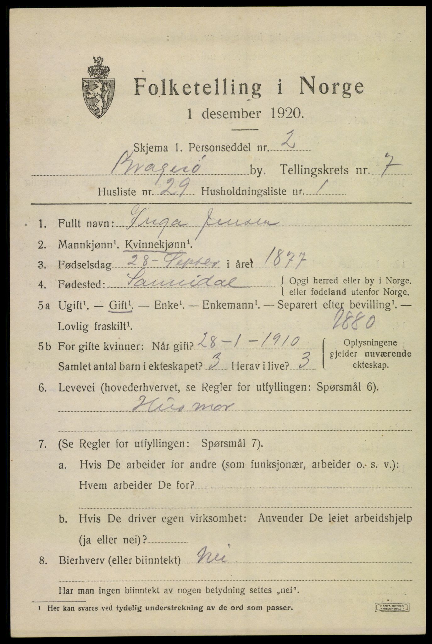 SAKO, 1920 census for Kragerø, 1920, p. 10015