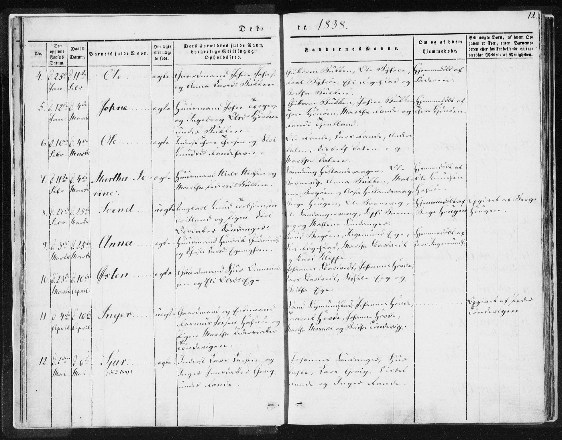 Hjelmeland sokneprestkontor, AV/SAST-A-101843/01/IV/L0007: Parish register (official) no. A 7, 1834-1850, p. 12