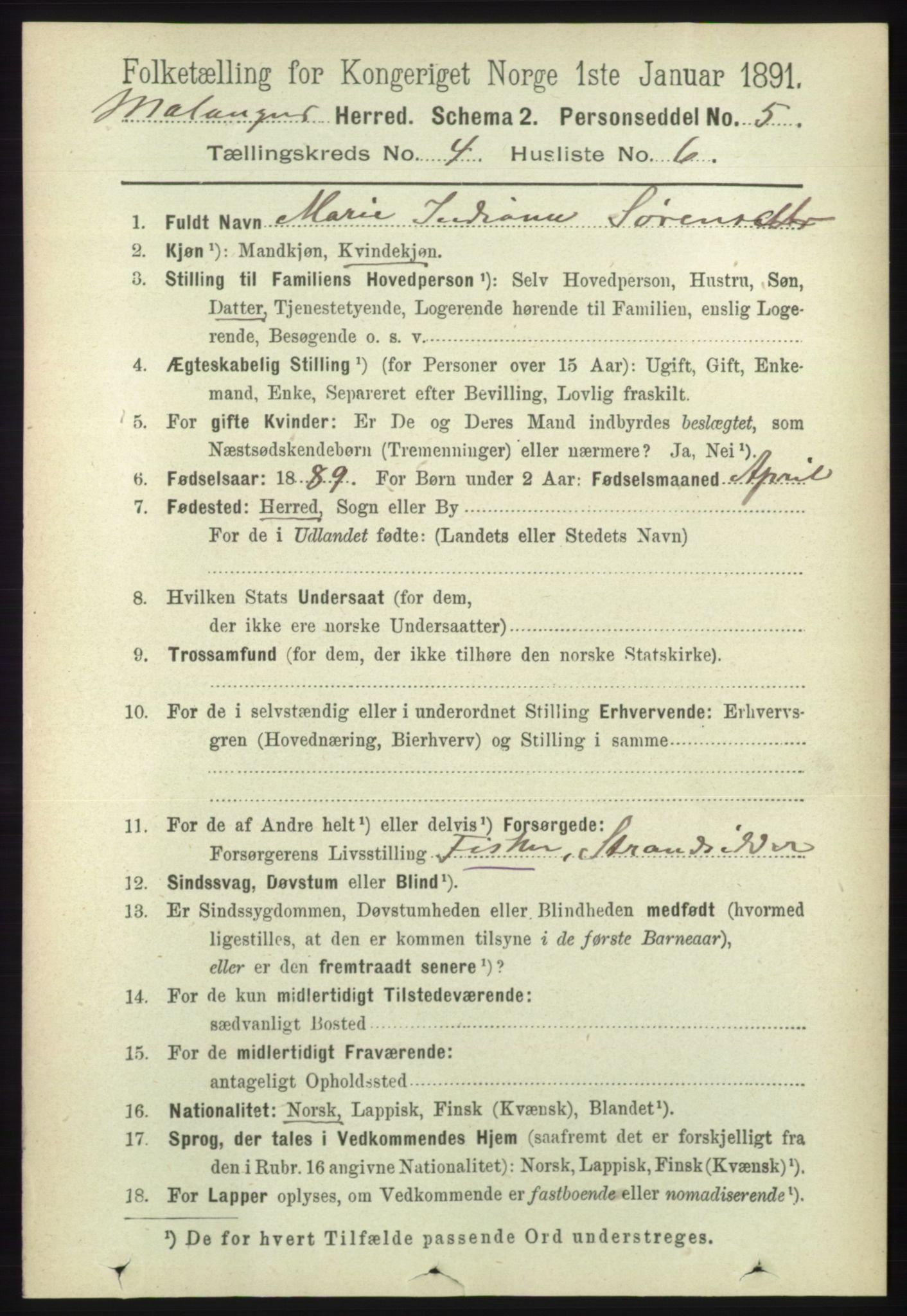 RA, 1891 census for 1932 Malangen, 1891, p. 1137