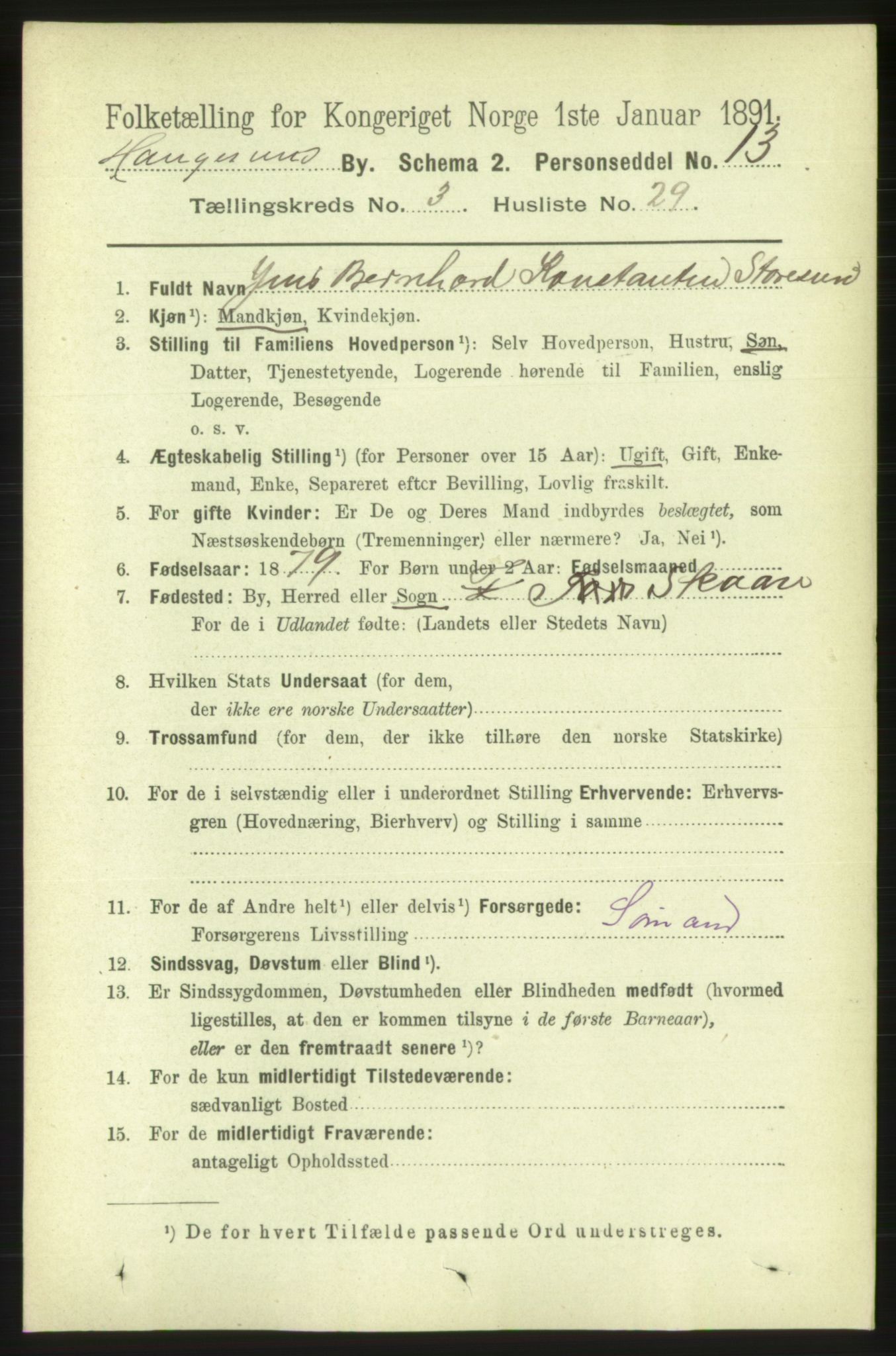 RA, 1891 census for 1106 Haugesund, 1891, p. 1141