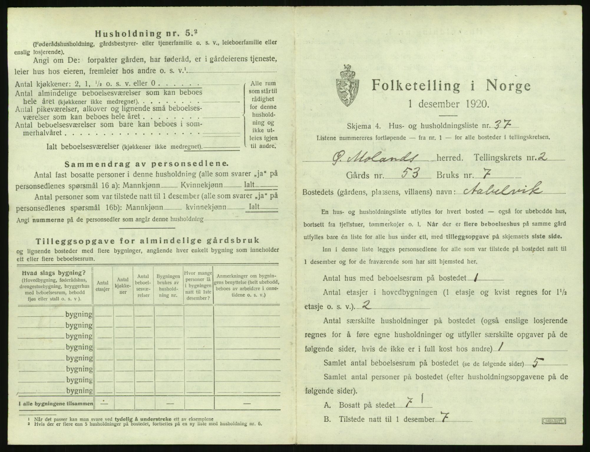 SAK, 1920 census for Austre Moland, 1920, p. 215