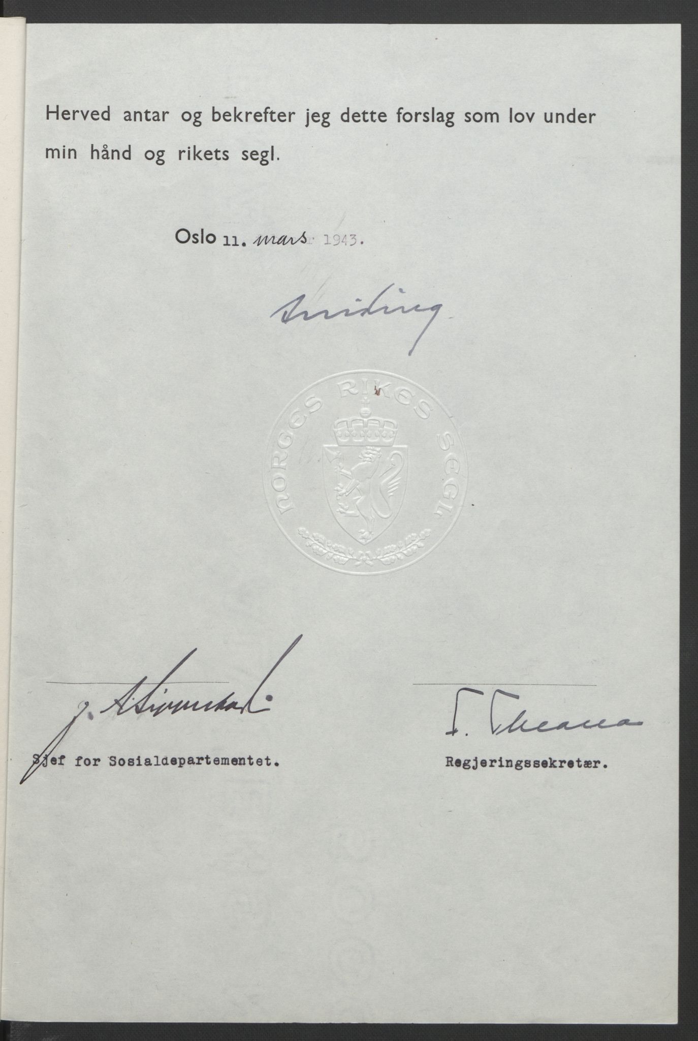 NS-administrasjonen 1940-1945 (Statsrådsekretariatet, de kommisariske statsråder mm), AV/RA-S-4279/D/Db/L0099: Lover, 1943, p. 208