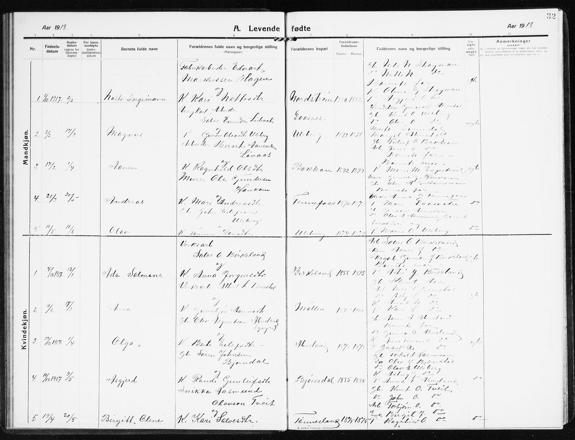 Evje sokneprestkontor, SAK/1111-0008/F/Fb/Fbb/L0003: Parish register (copy) no. B 3, 1910-1933, p. 32