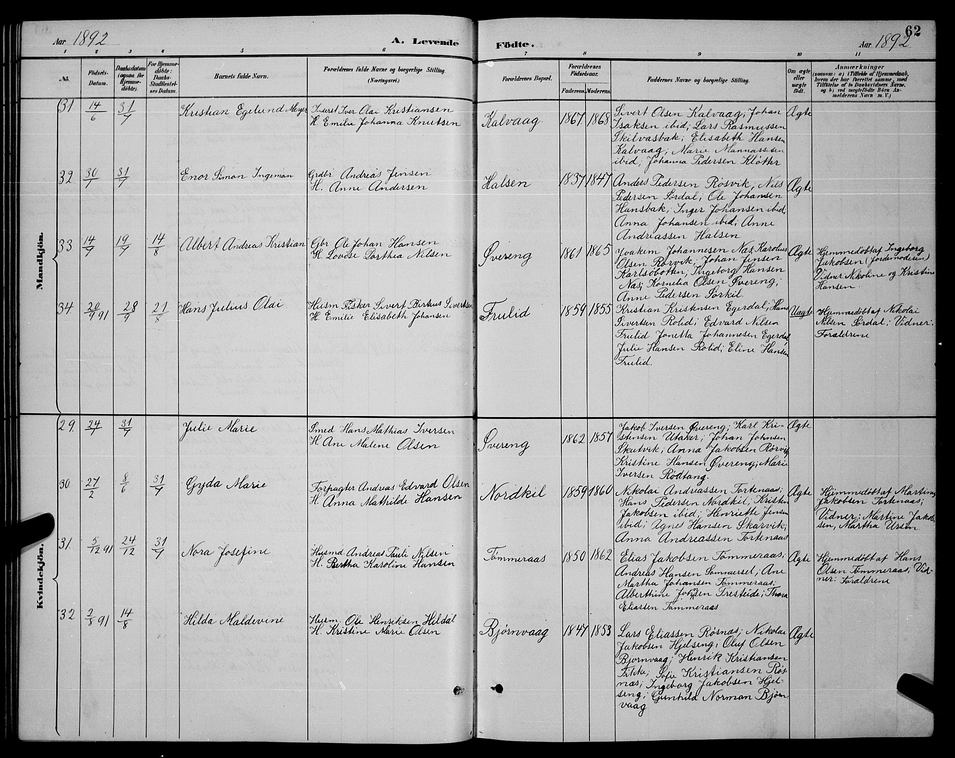 Ministerialprotokoller, klokkerbøker og fødselsregistre - Nordland, AV/SAT-A-1459/859/L0859: Parish register (copy) no. 859C05, 1887-1898, p. 62