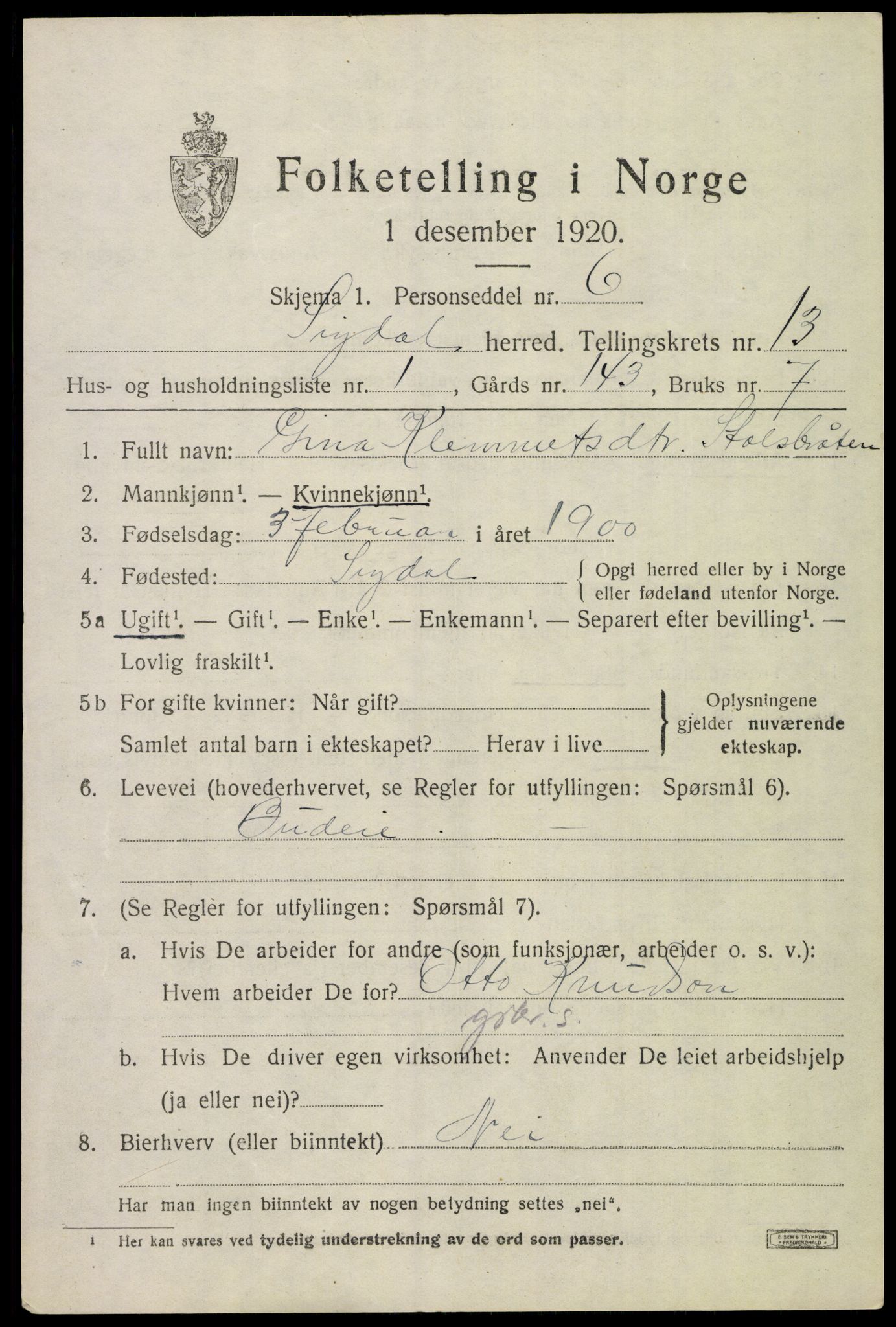 SAKO, 1920 census for Sigdal, 1920, p. 8074