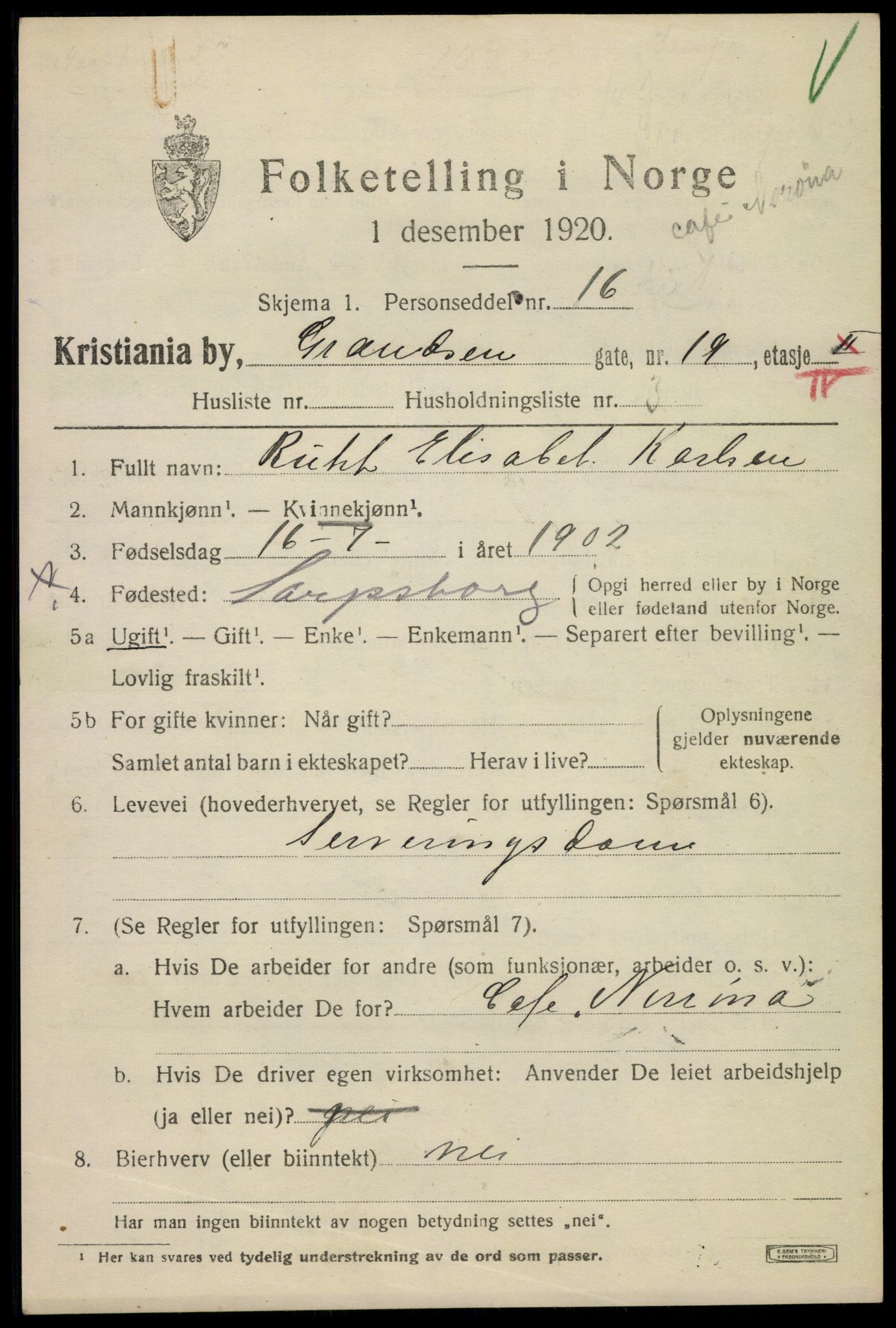 SAO, 1920 census for Kristiania, 1920, p. 254581