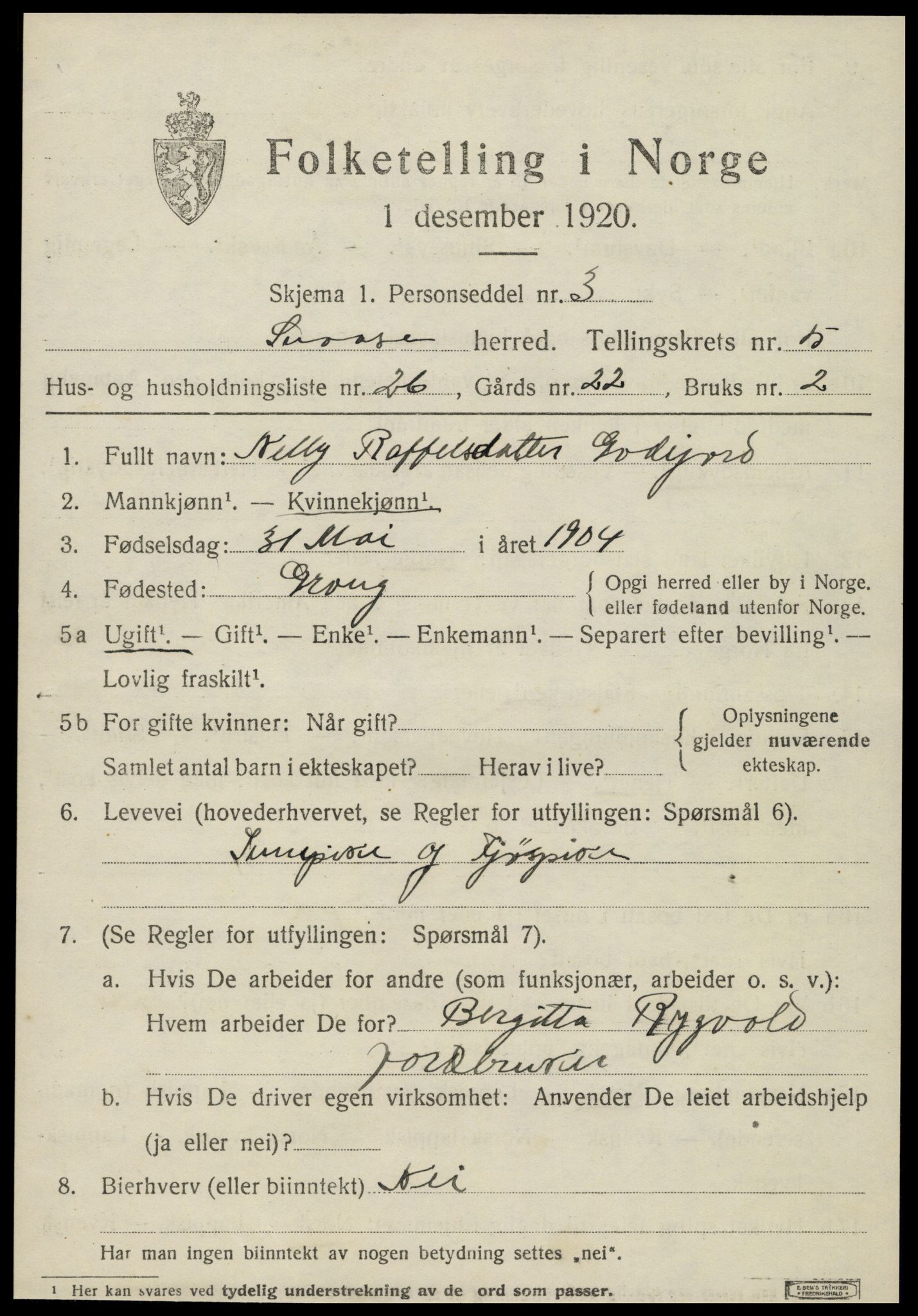 SAT, 1920 census for Snåsa, 1920, p. 2566