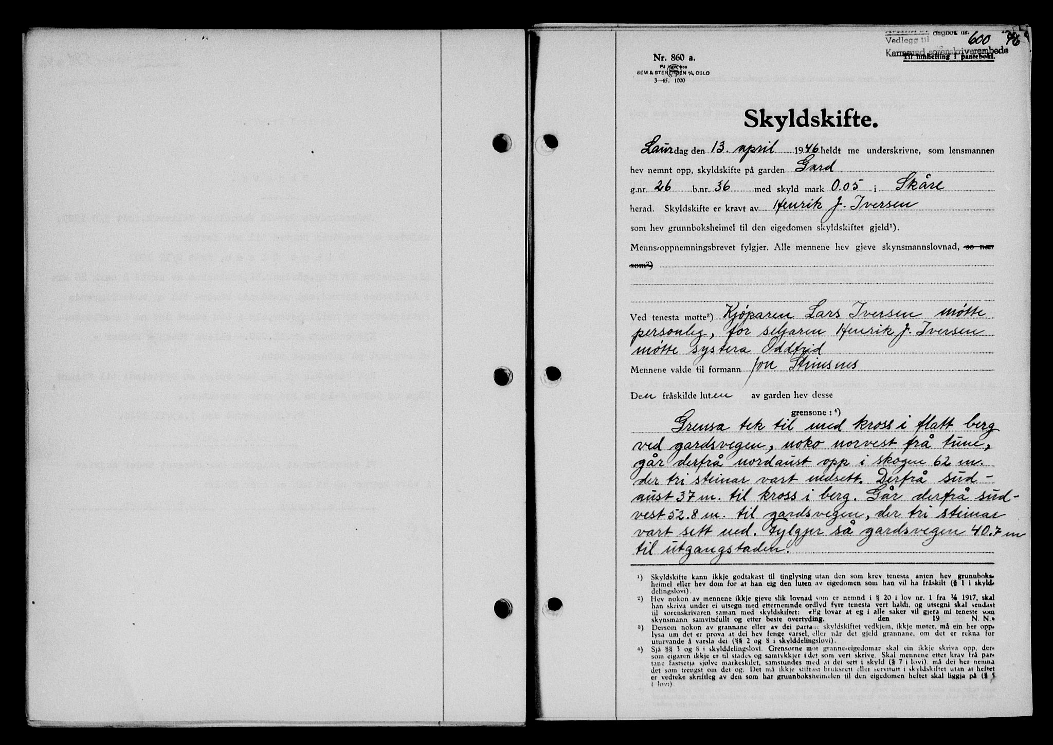 Karmsund sorenskriveri, AV/SAST-A-100311/01/II/IIB/L0085: Mortgage book no. 66A, 1946-1946, Diary no: : 600/1946