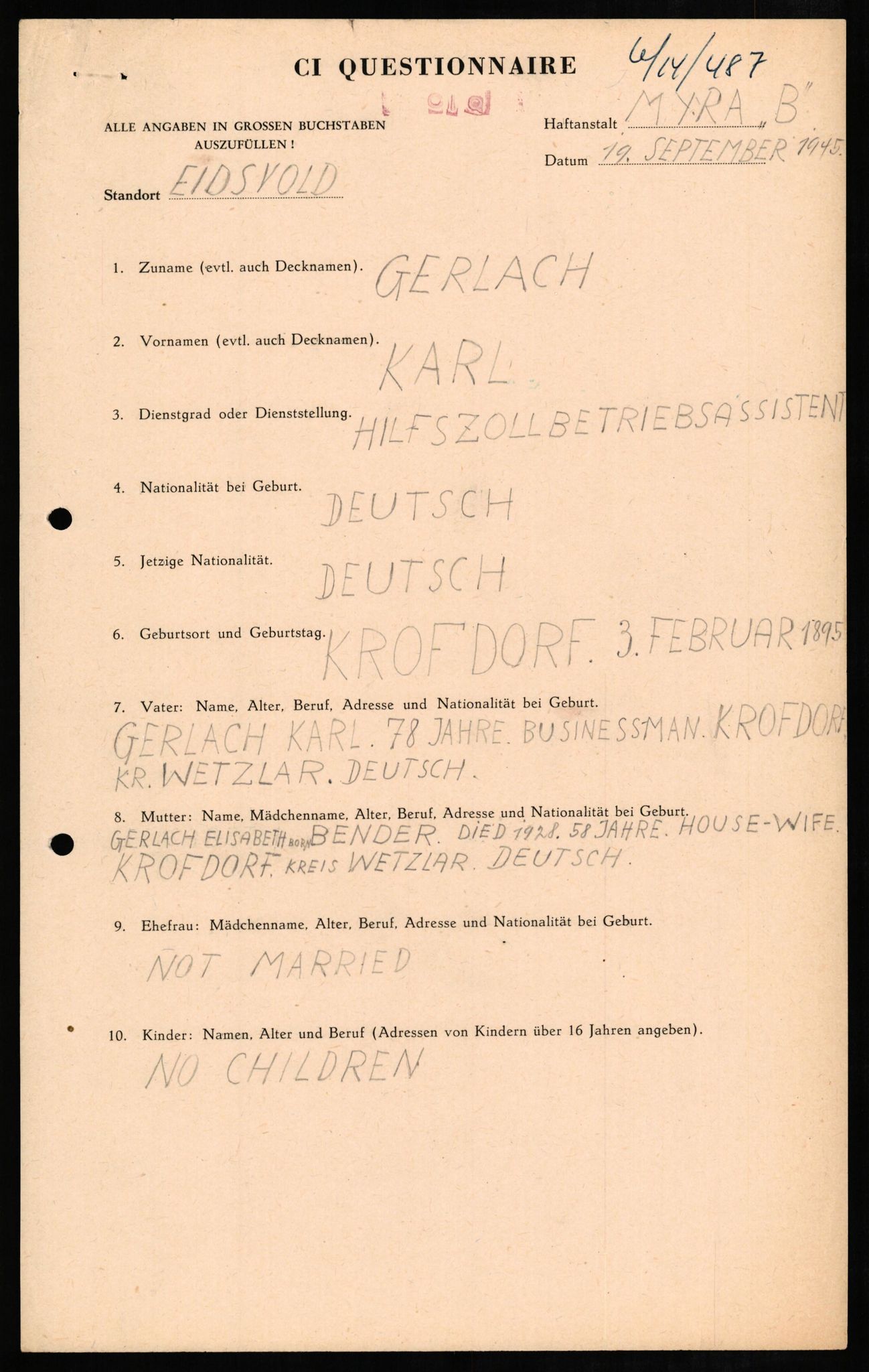 Forsvaret, Forsvarets overkommando II, AV/RA-RAFA-3915/D/Db/L0009: CI Questionaires. Tyske okkupasjonsstyrker i Norge. Tyskere., 1945-1946, p. 417