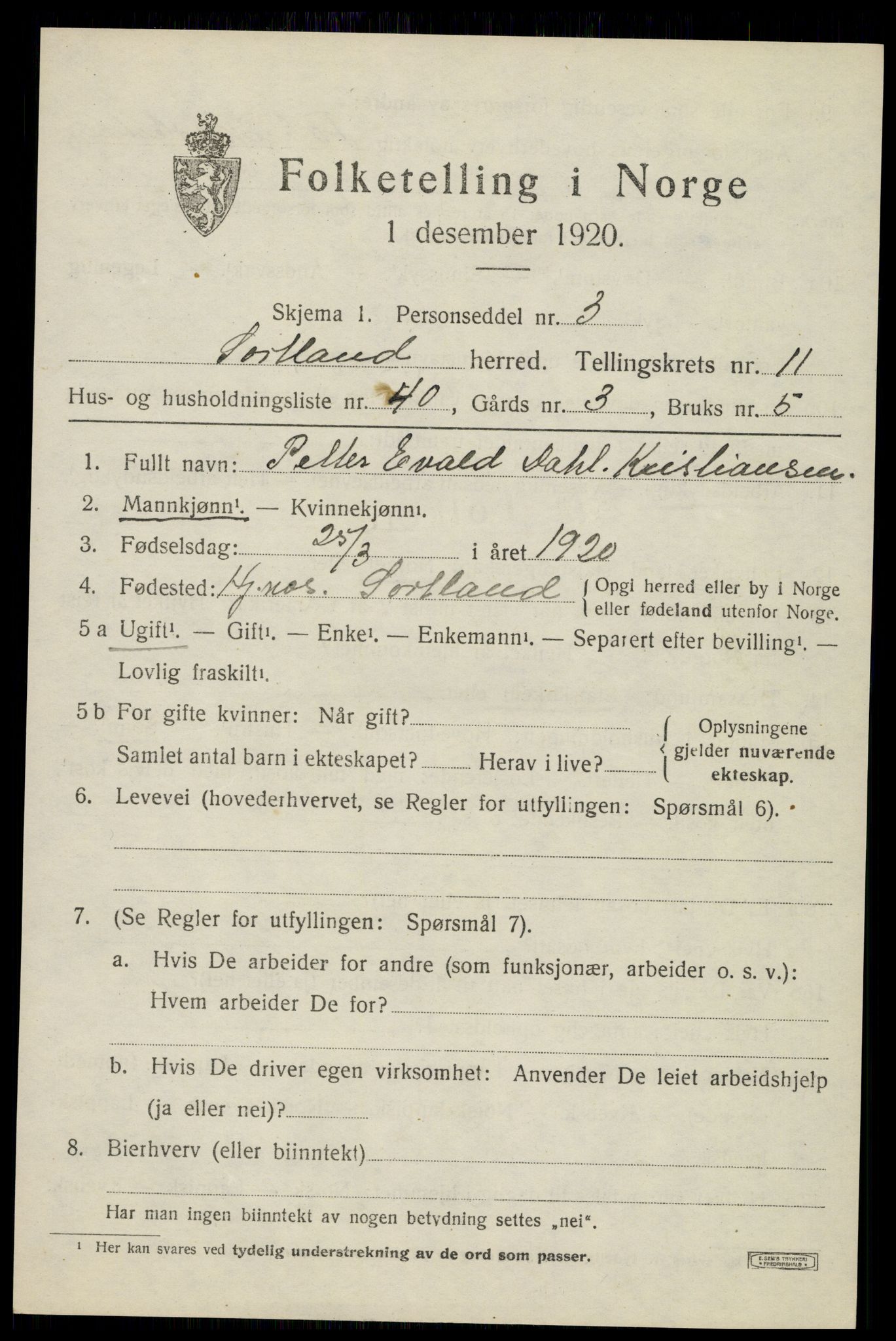 SAT, 1920 census for Sortland, 1920, p. 8590