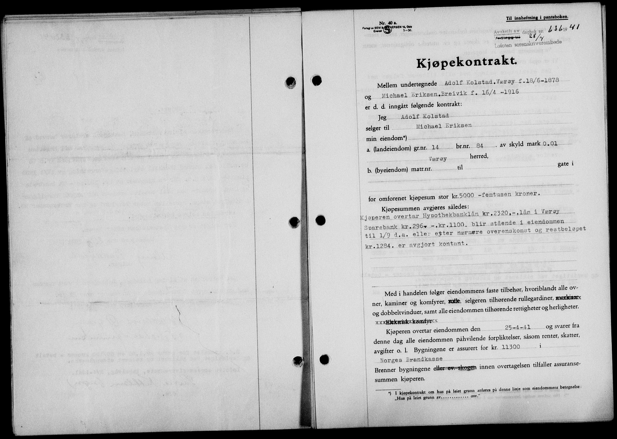 Lofoten sorenskriveri, SAT/A-0017/1/2/2C/L0008a: Mortgage book no. 8a, 1940-1941, Diary no: : 636/1941