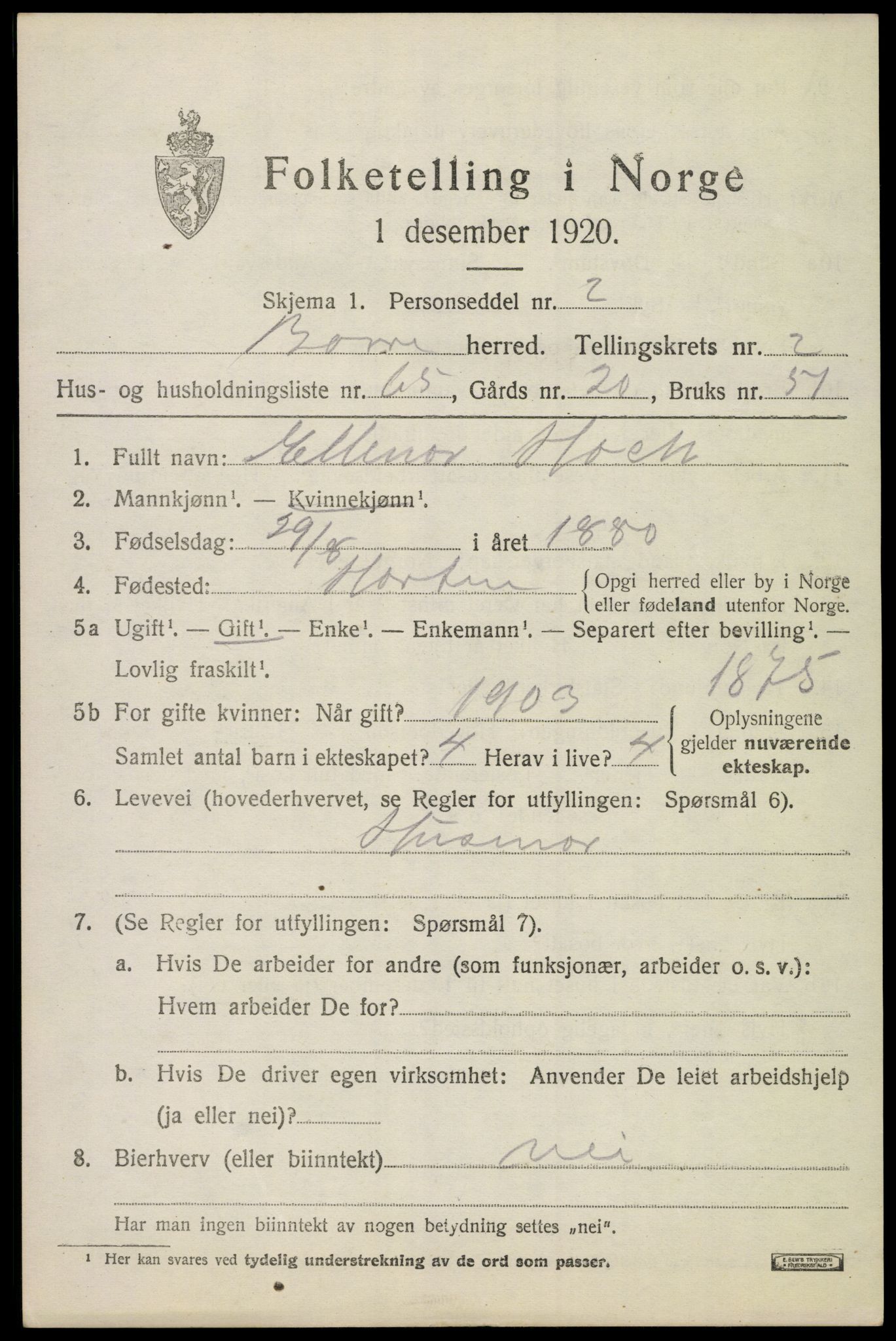 SAKO, 1920 census for Borre, 1920, p. 4916