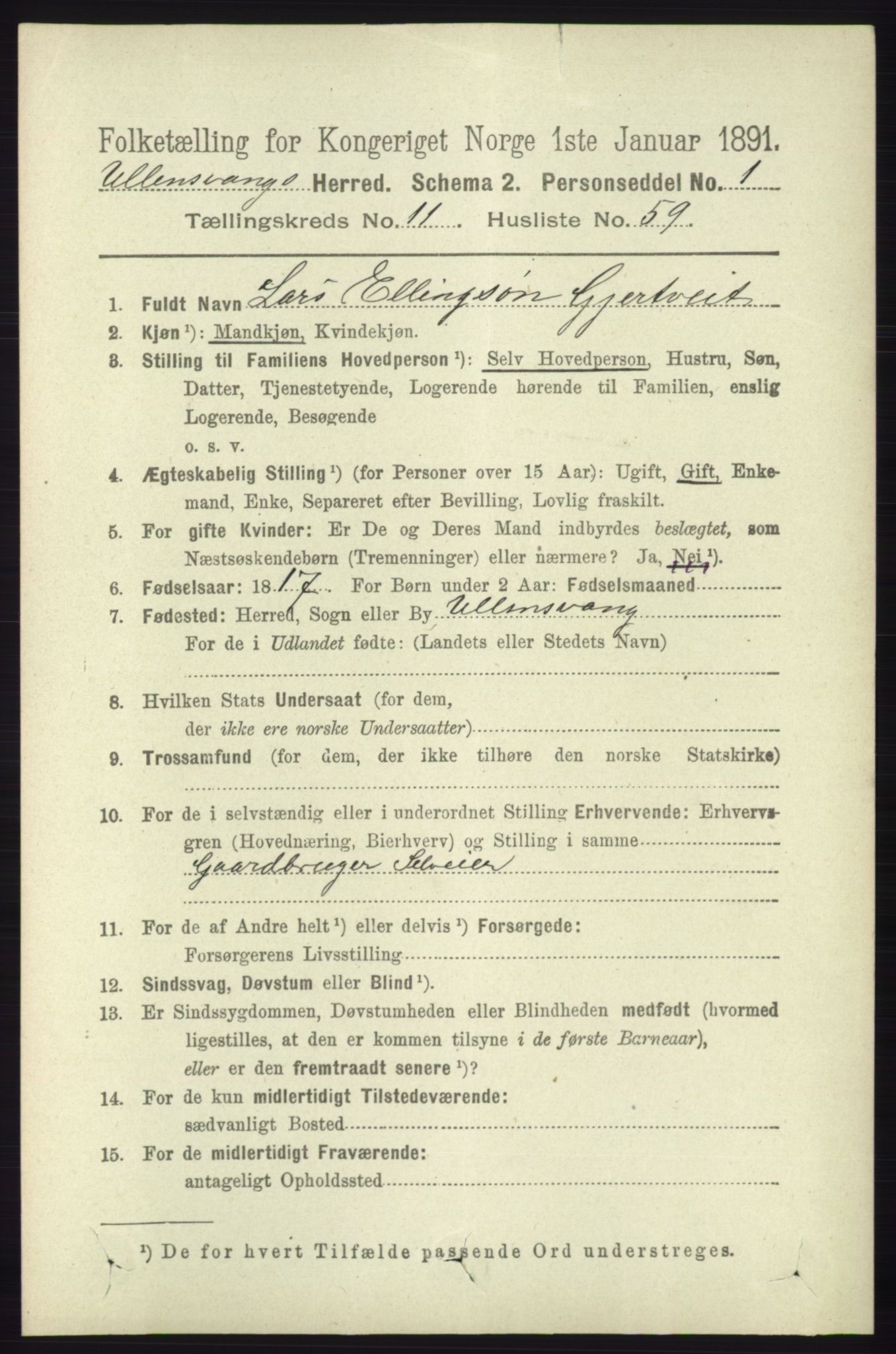 RA, 1891 census for 1230 Ullensvang, 1891, p. 4585