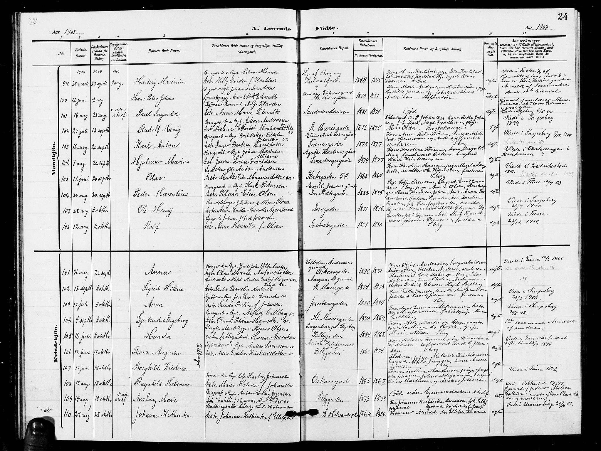 Sarpsborg prestekontor Kirkebøker, AV/SAO-A-2006/G/Ga/L0001: Parish register (copy) no. 1, 1902-1911, p. 24