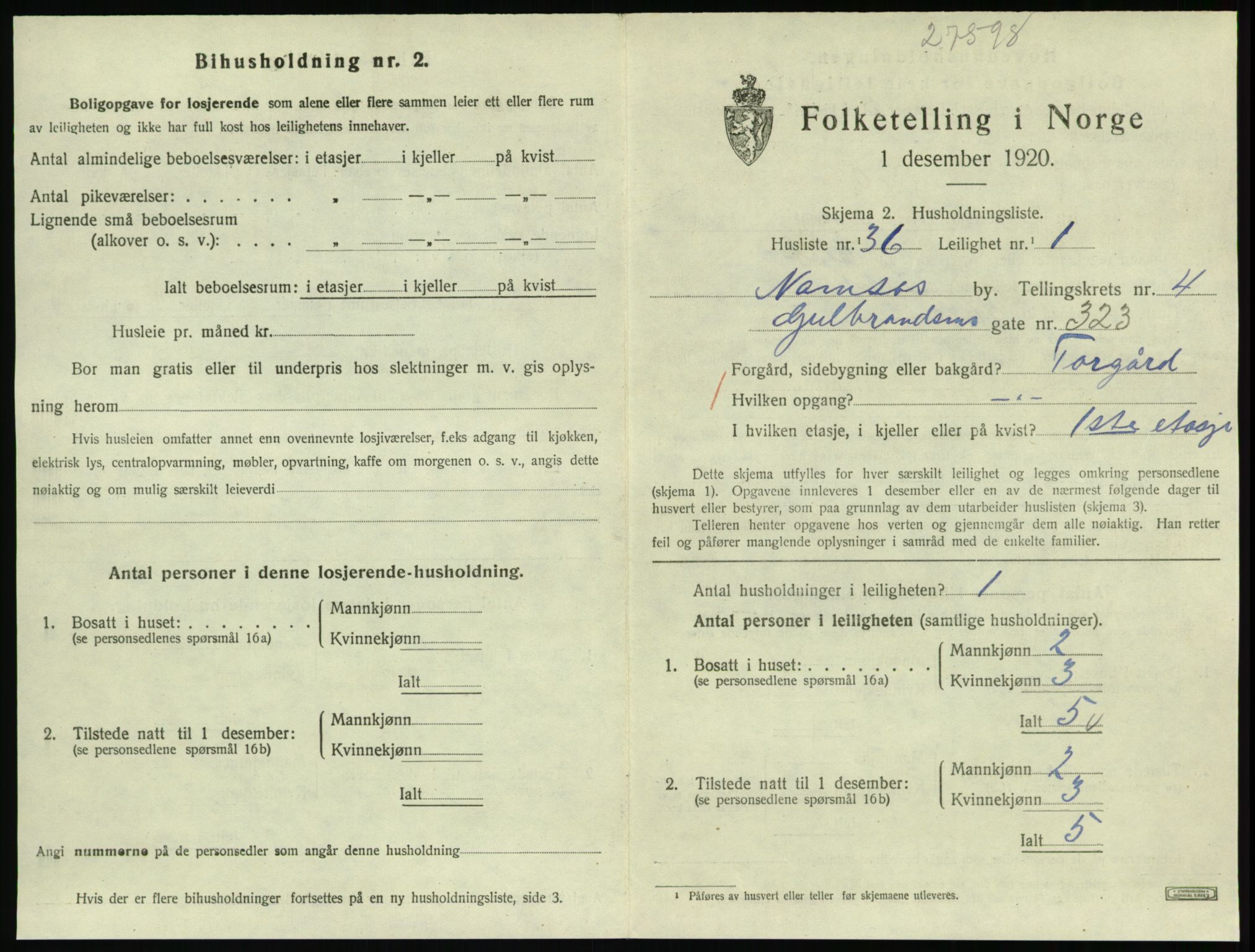 SAT, 1920 census for Namsos, 1920, p. 1535