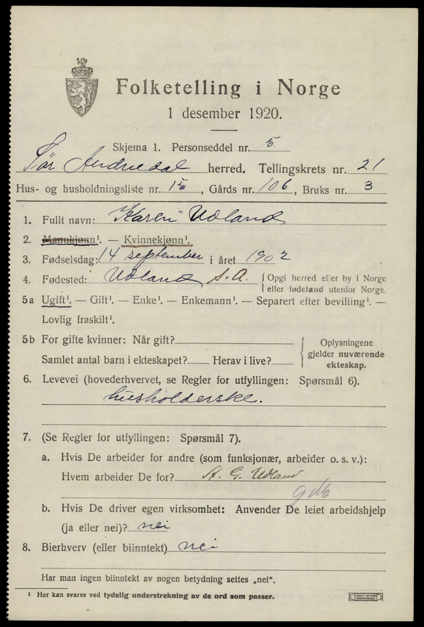 SAK, 1920 census for Sør-Audnedal, 1920, p. 7029