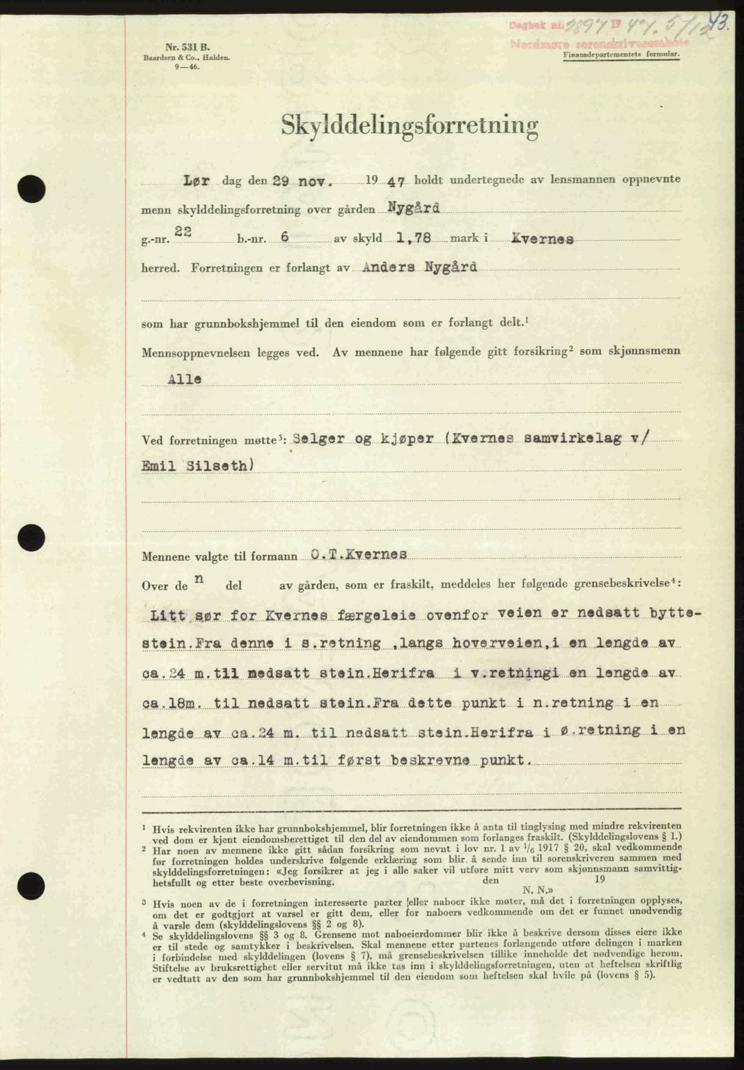 Nordmøre sorenskriveri, AV/SAT-A-4132/1/2/2Ca: Mortgage book no. A107, 1947-1948, Diary no: : 2897/1947