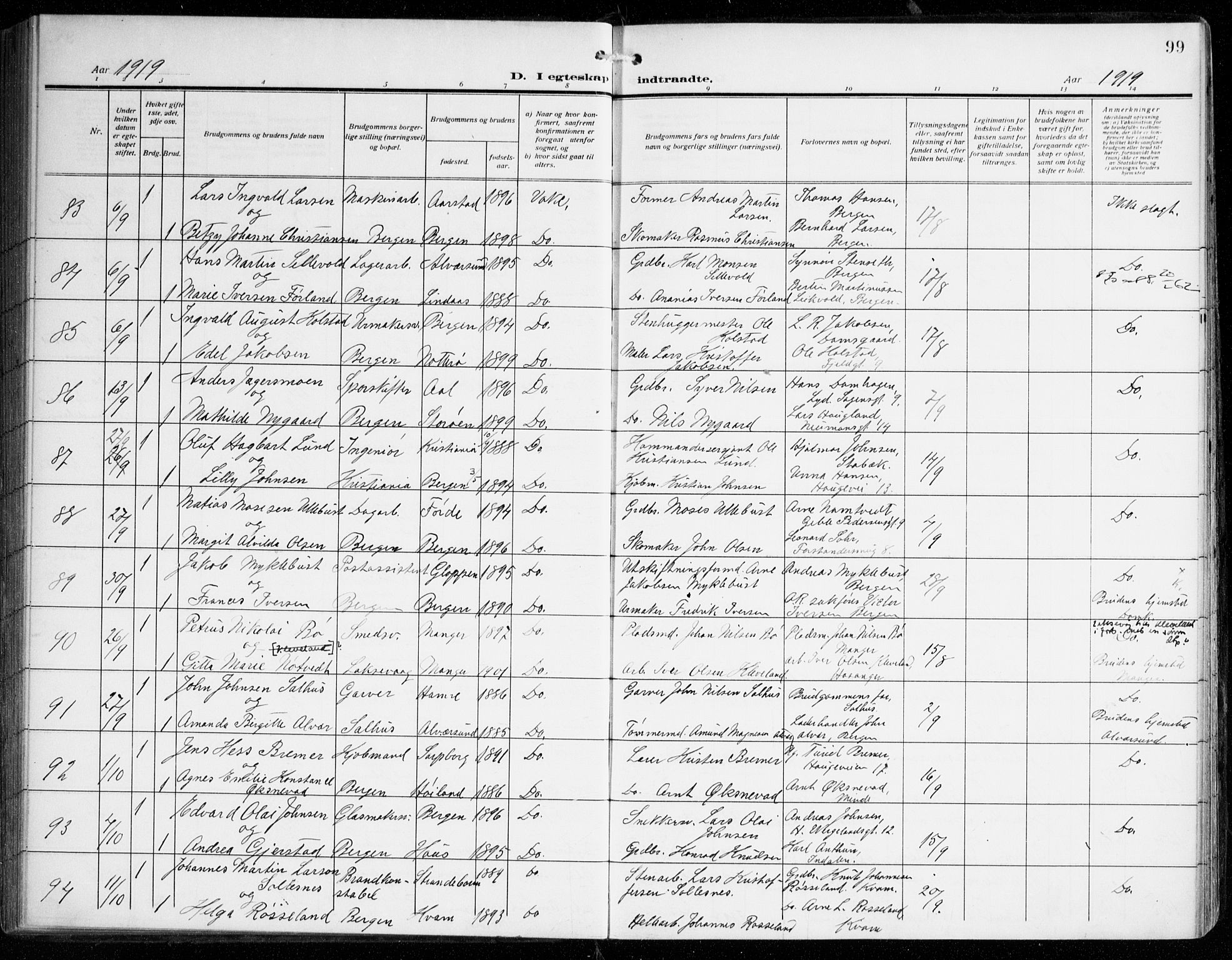 Johanneskirken sokneprestembete, SAB/A-76001/H/Haa/L0013: Parish register (official) no. D 2, 1912-1929, p. 99