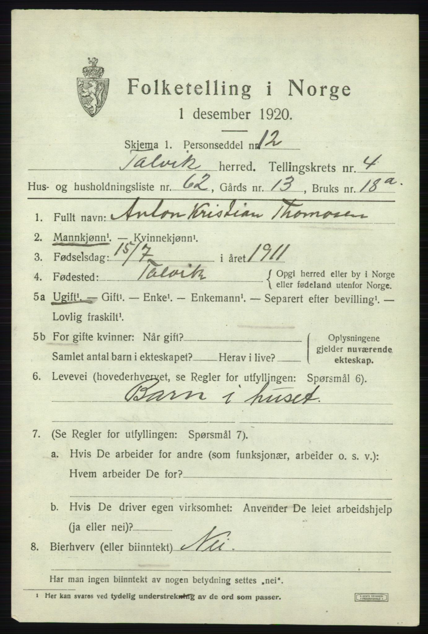 SATØ, 1920 census for Talvik, 1920, p. 3310