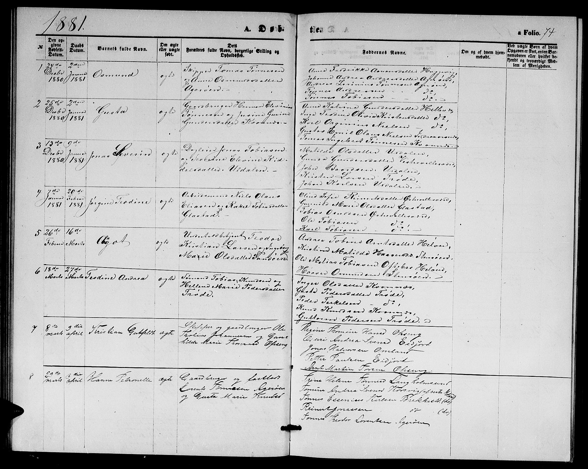 Høvåg sokneprestkontor, AV/SAK-1111-0025/F/Fb/L0003: Parish register (copy) no. B 3, 1870-1882, p. 74